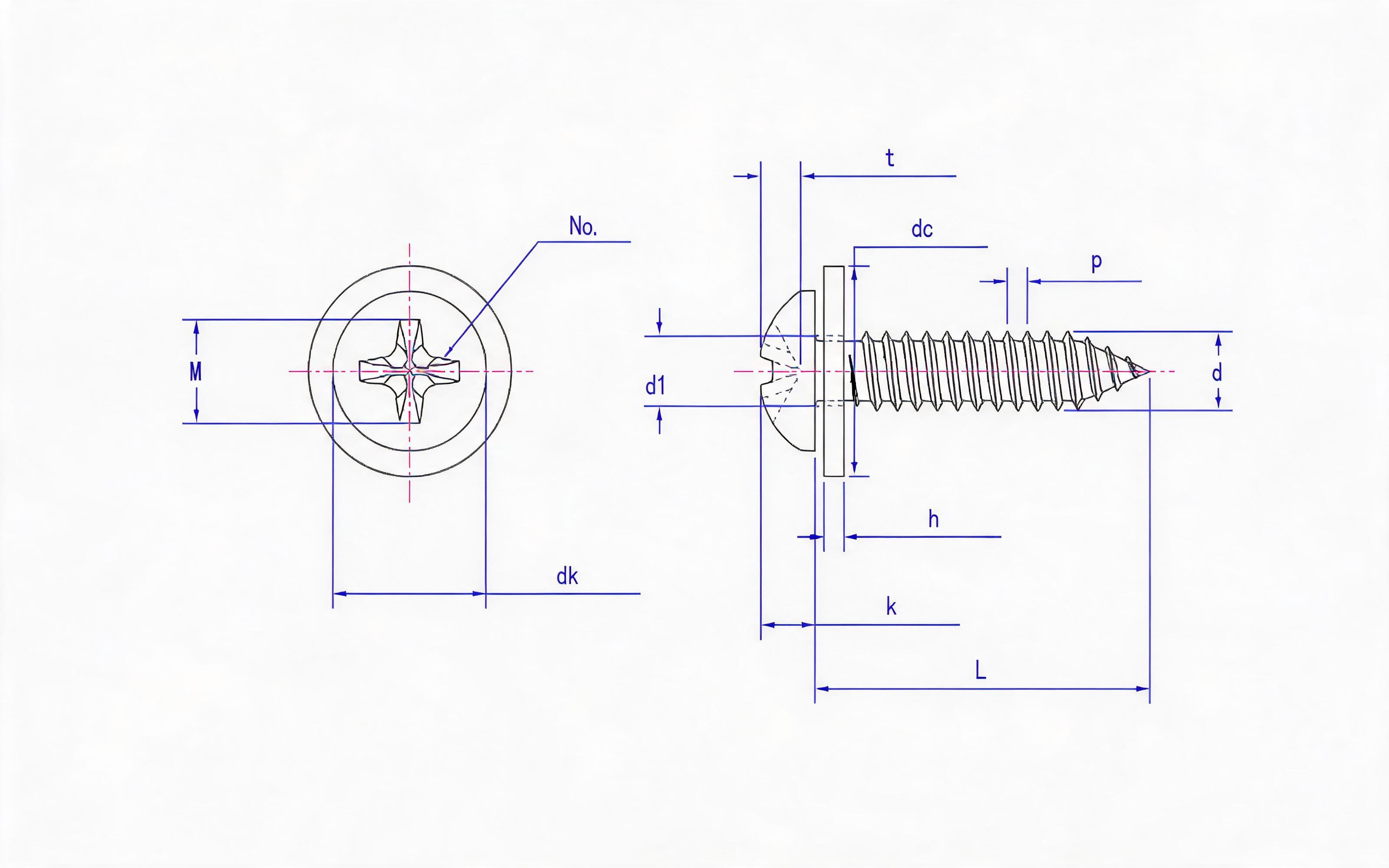 Combination C of Cross recessed panhead self-tapping screw and flat washer Standard Drawing