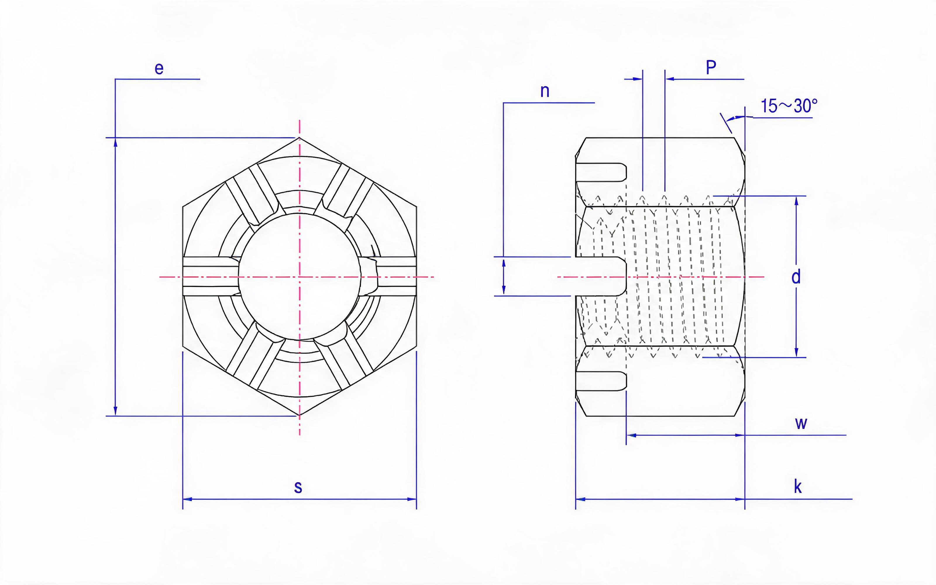 Type 1 hexagon slotted nut fine thread Standard Drawing
