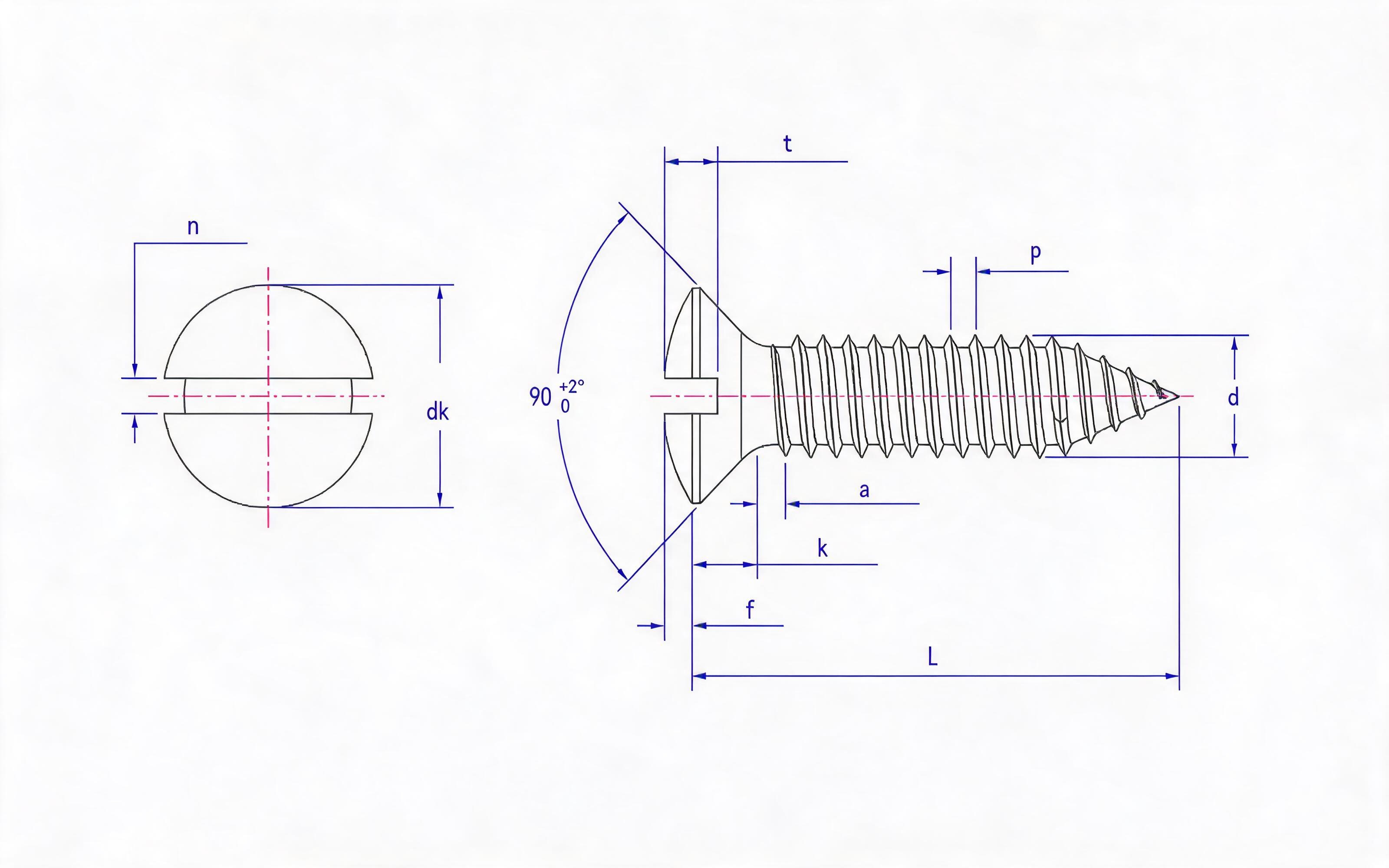 Slotted countersunk head self-tapping screw Type C Standard Drawing