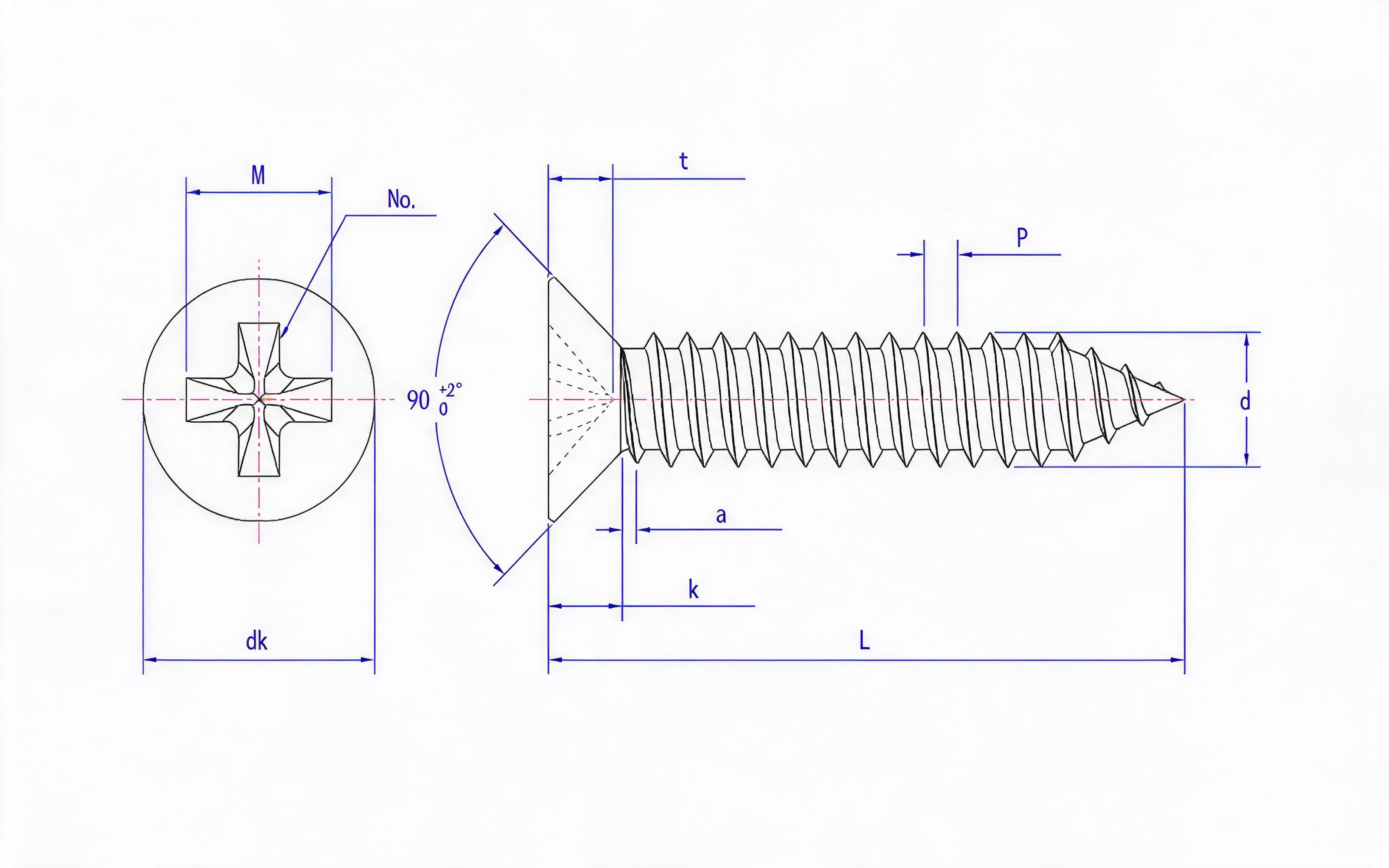 Cross recessed countersunk head self-tapping screw Type C Standard Drawing