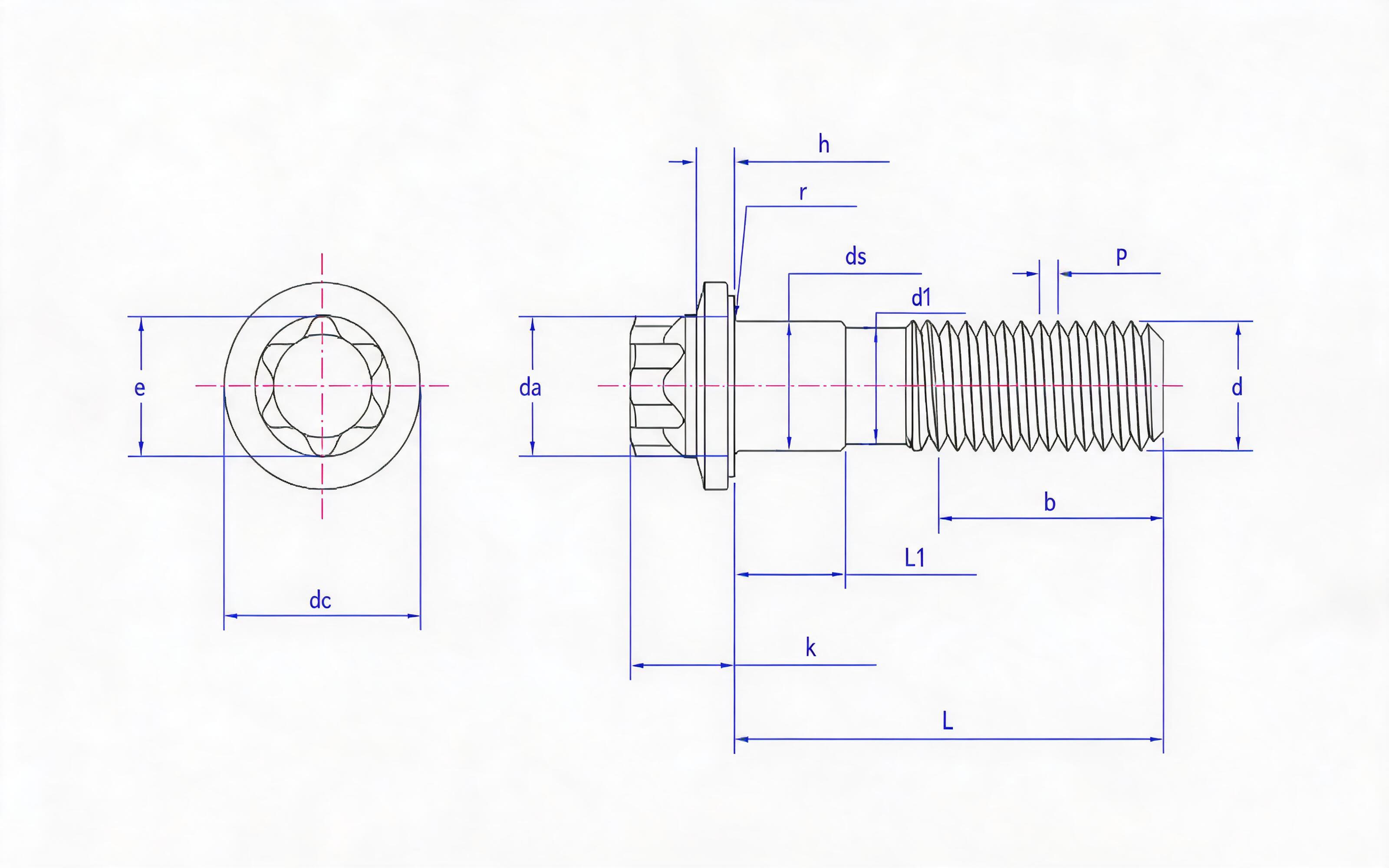 Small flange bolt of torx head fine rod (L>10d) Standard Drawing