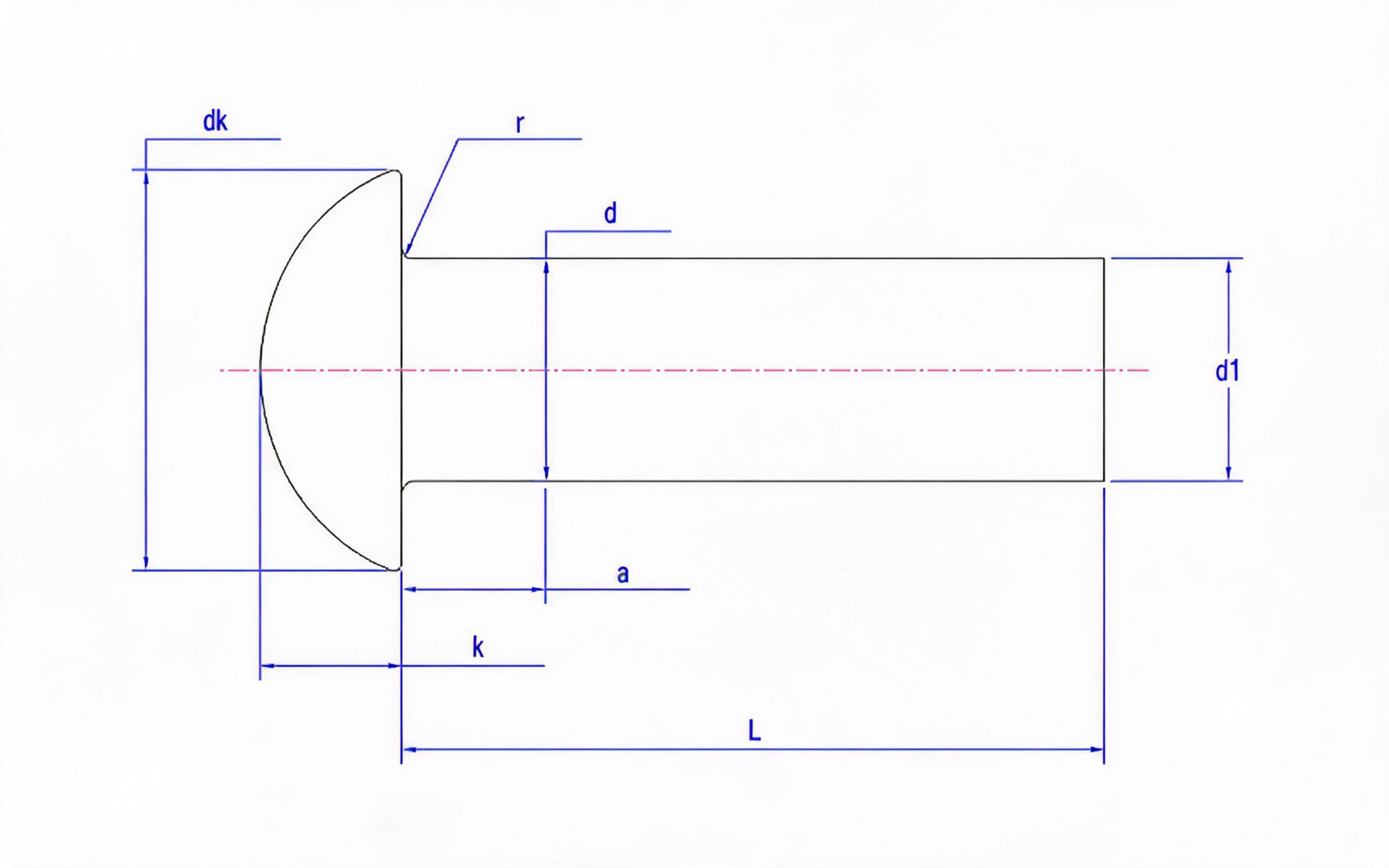 Round head rivets (diameter 1 to 8mm) Standard Drawing