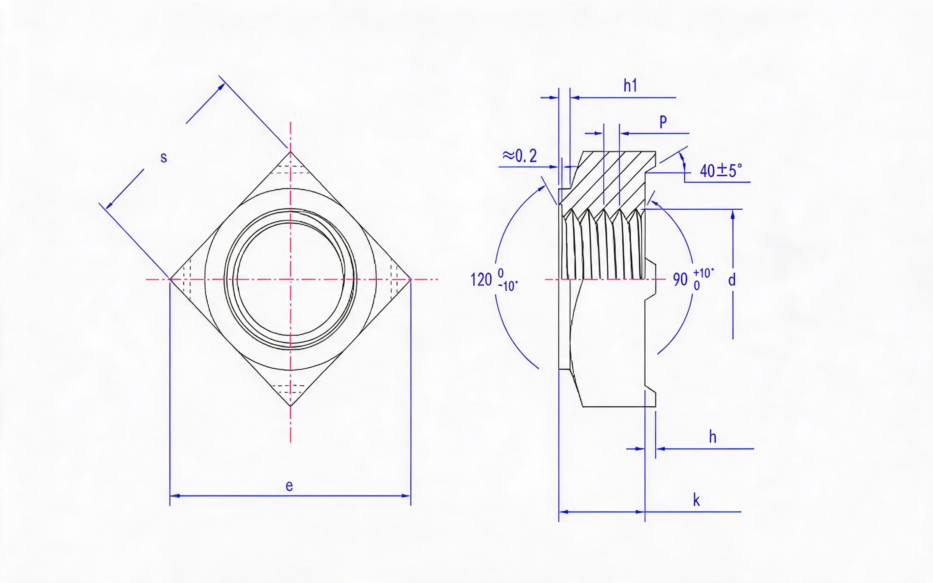 SQUARE WELDED NUT Standard Drawing