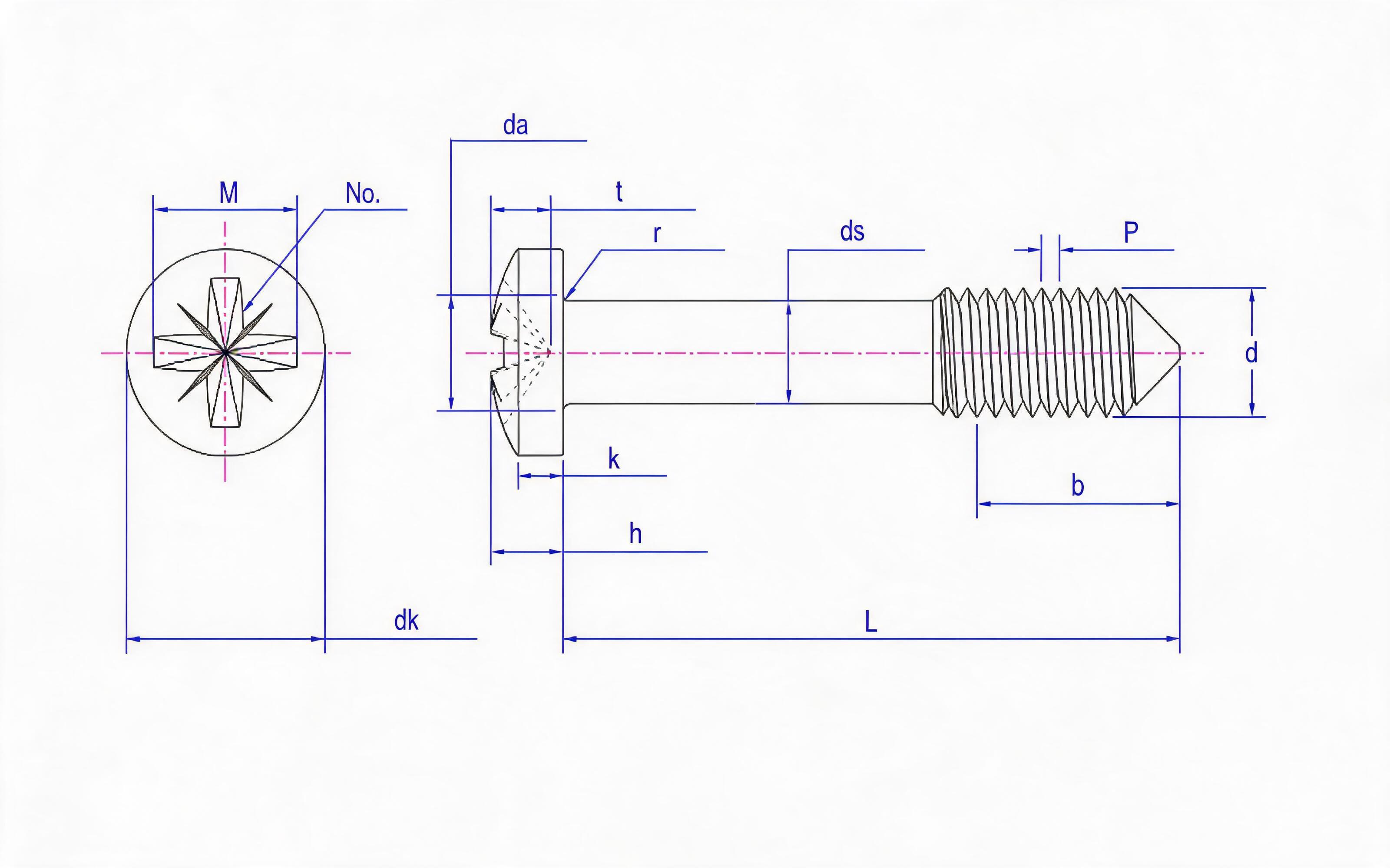 Herringbone groove spherical cylindrical head screw L long thread (taper tail) Standard Drawing