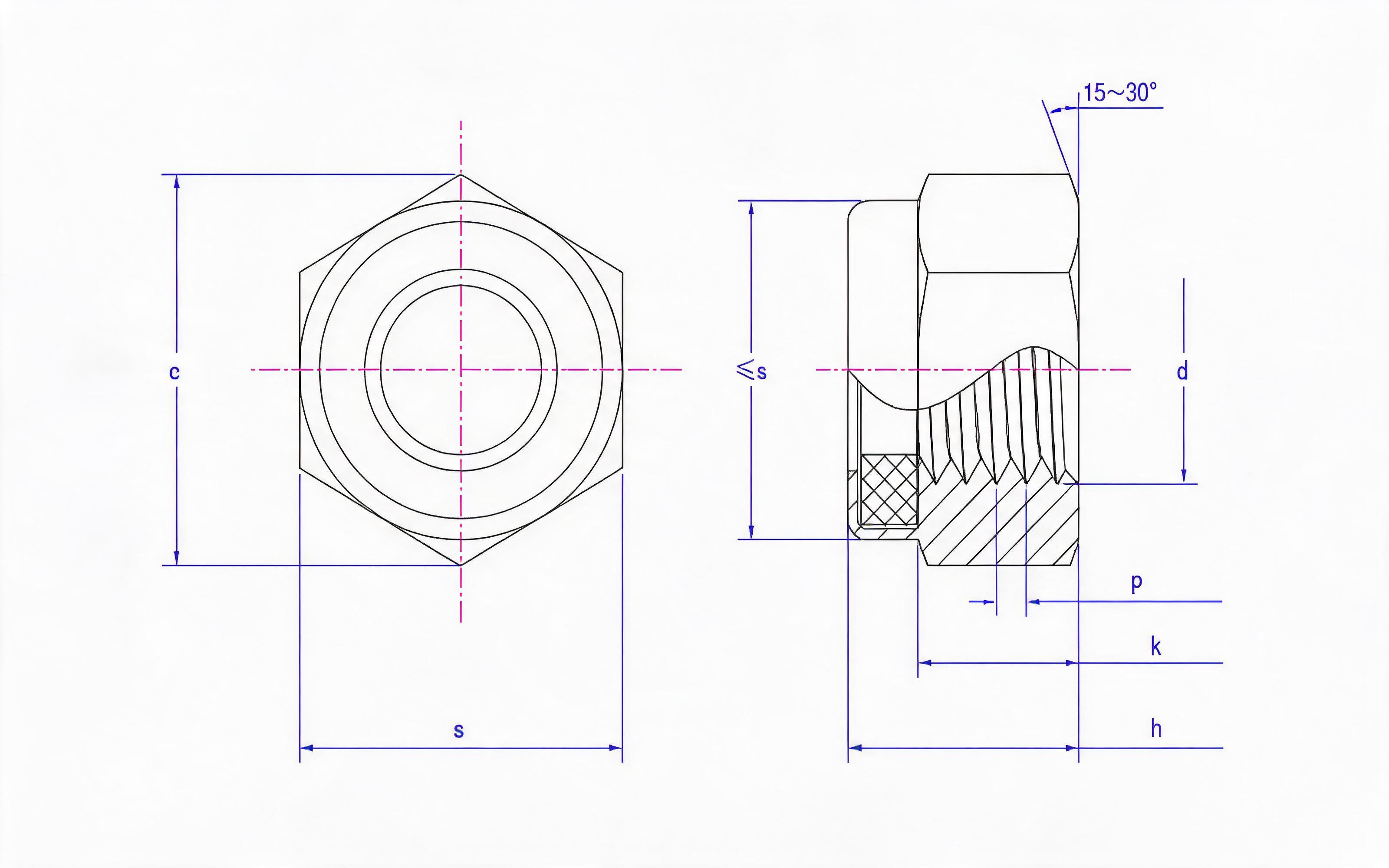 Type 1 non-metallic insert fine thread hexagon lock nut Grade 6, 8, 10 Standard Drawing