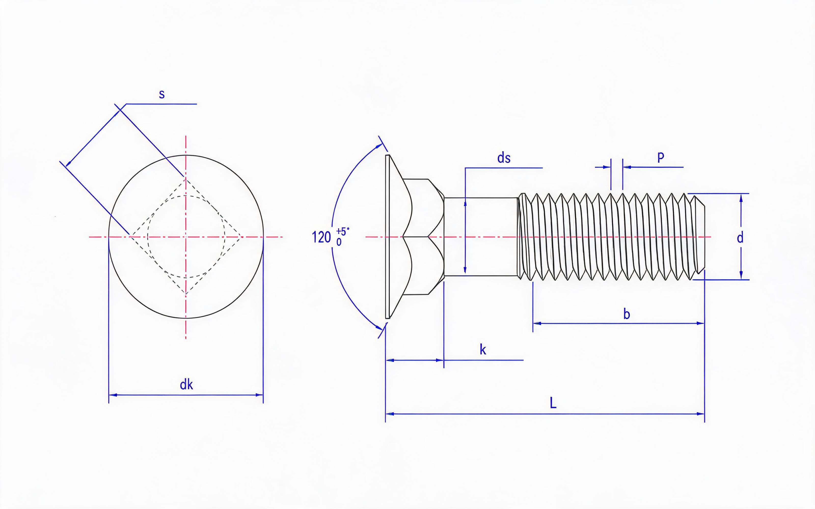 Countersunk square neck bolt Standard Drawing