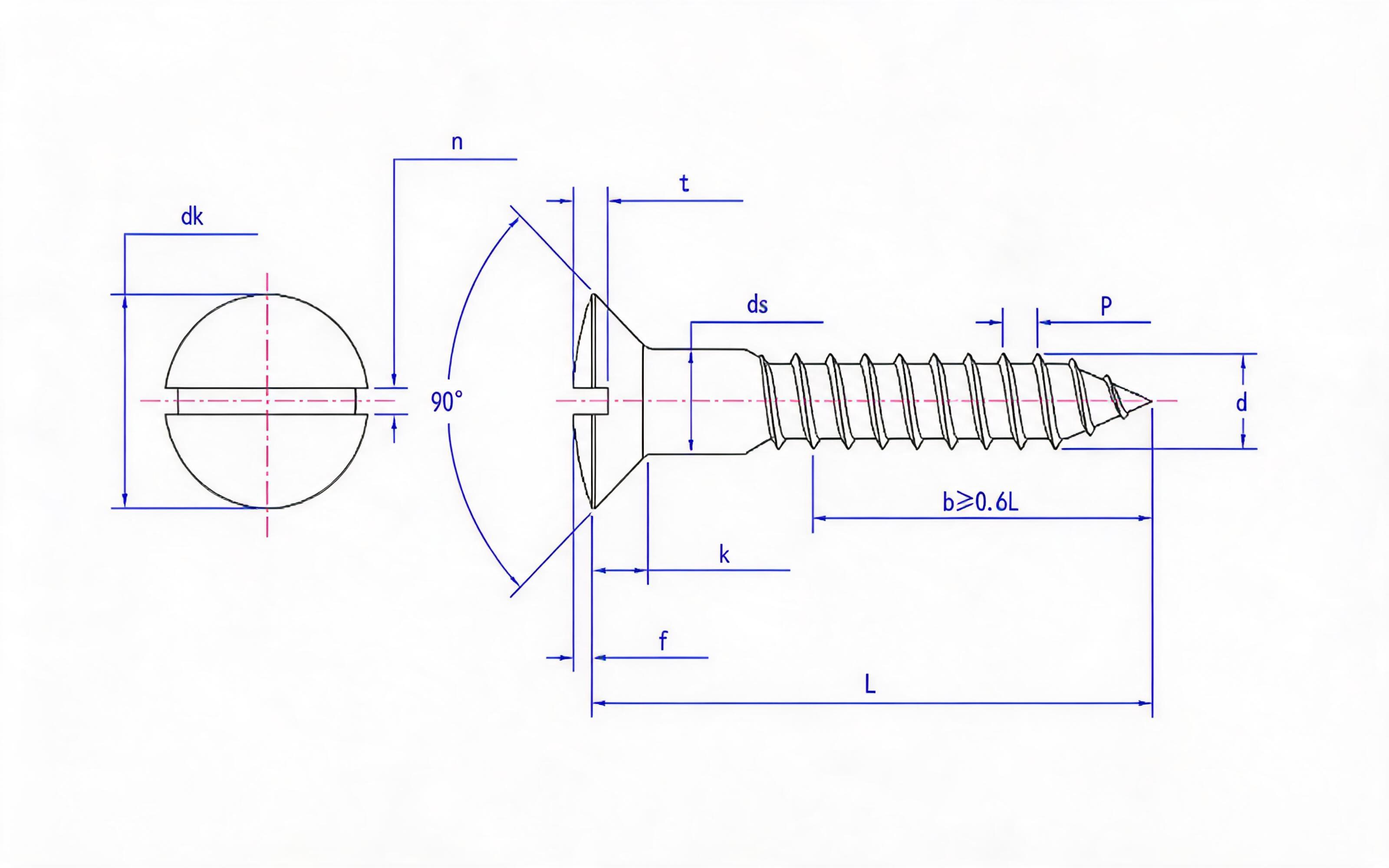 Slotted countersunk head wood screw Standard Drawing