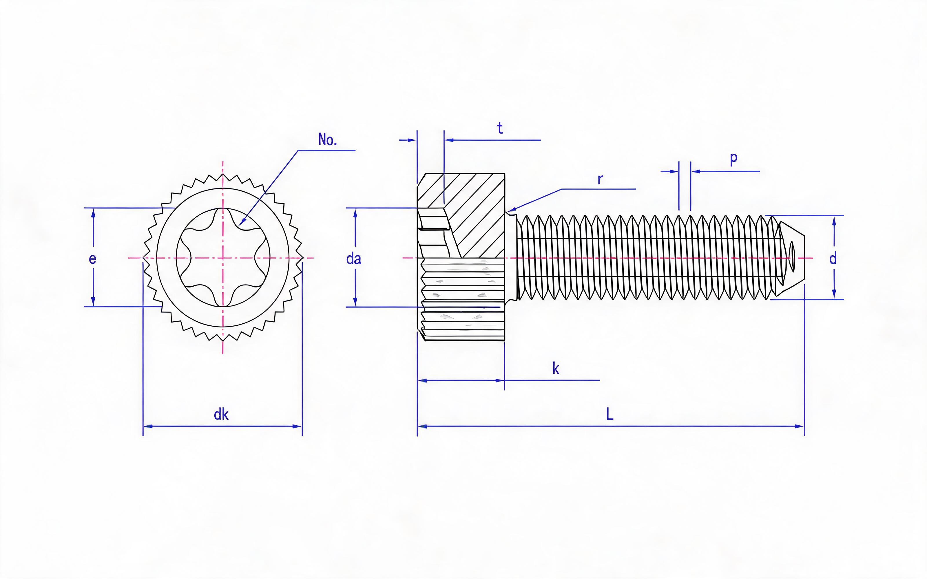 Knurled hexagon socket cheese head triangular lock screw Standard Drawing
