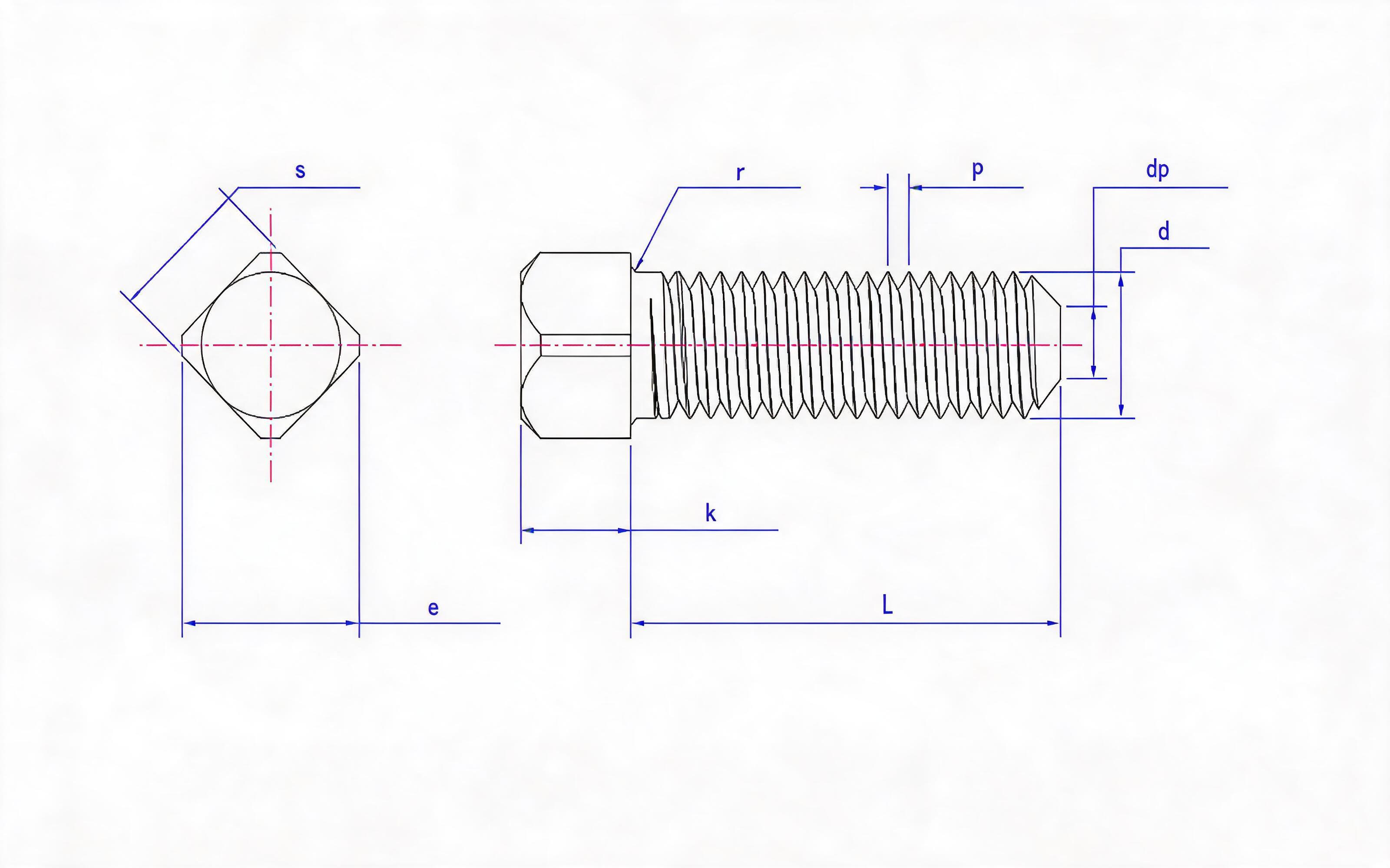 Square head flat end set screw Standard Drawing