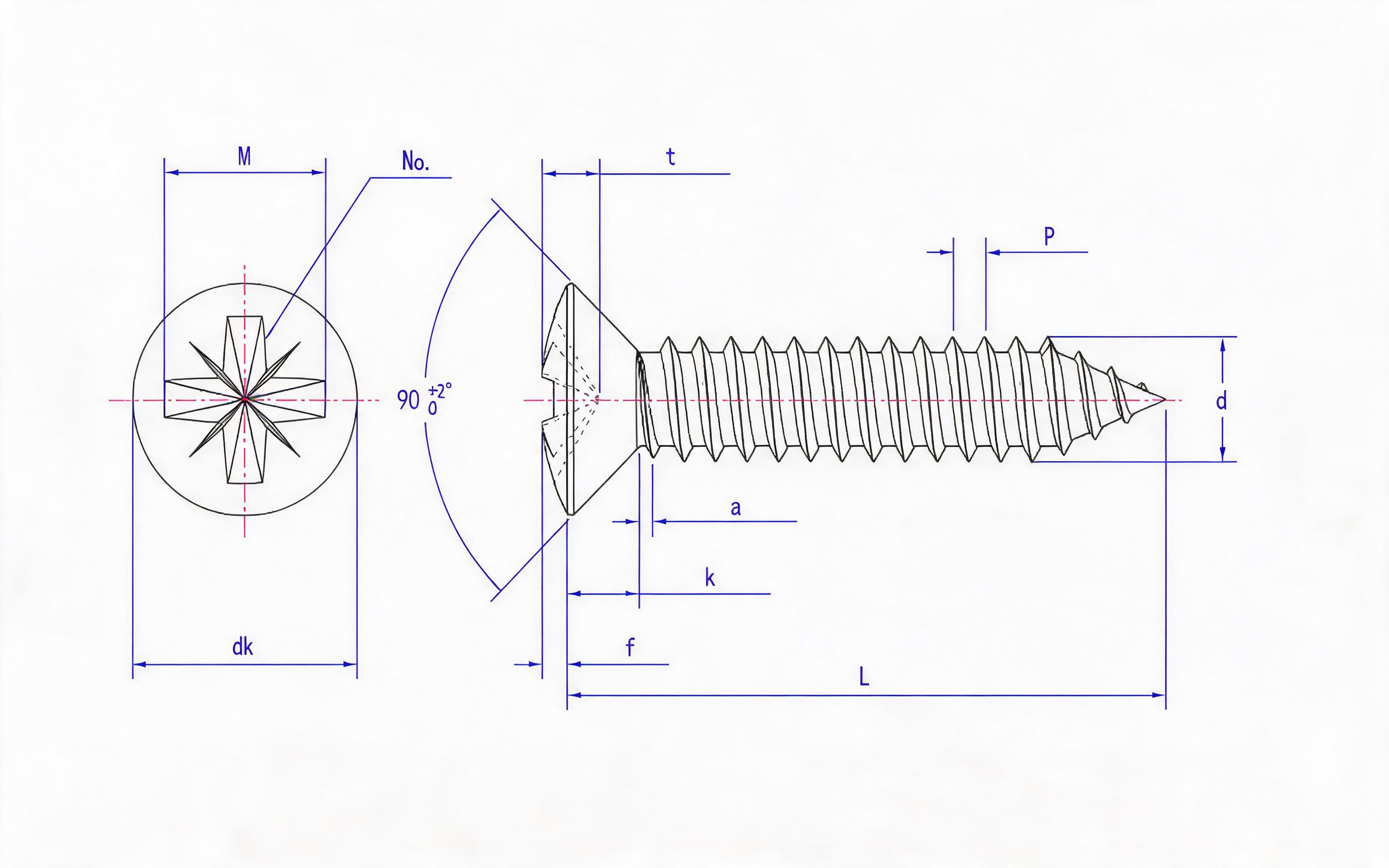 Type C countersunk head self-tapping screw with herringbone groove Standard Drawing