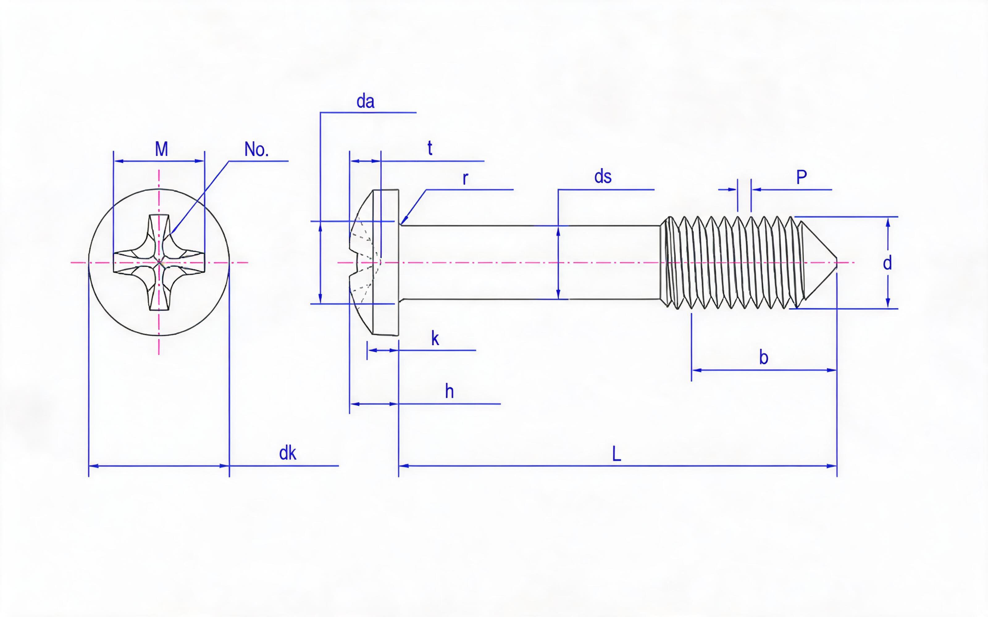 Cross recessed spherical cylindrical head screw L long thread (taper tail) Standard Drawing