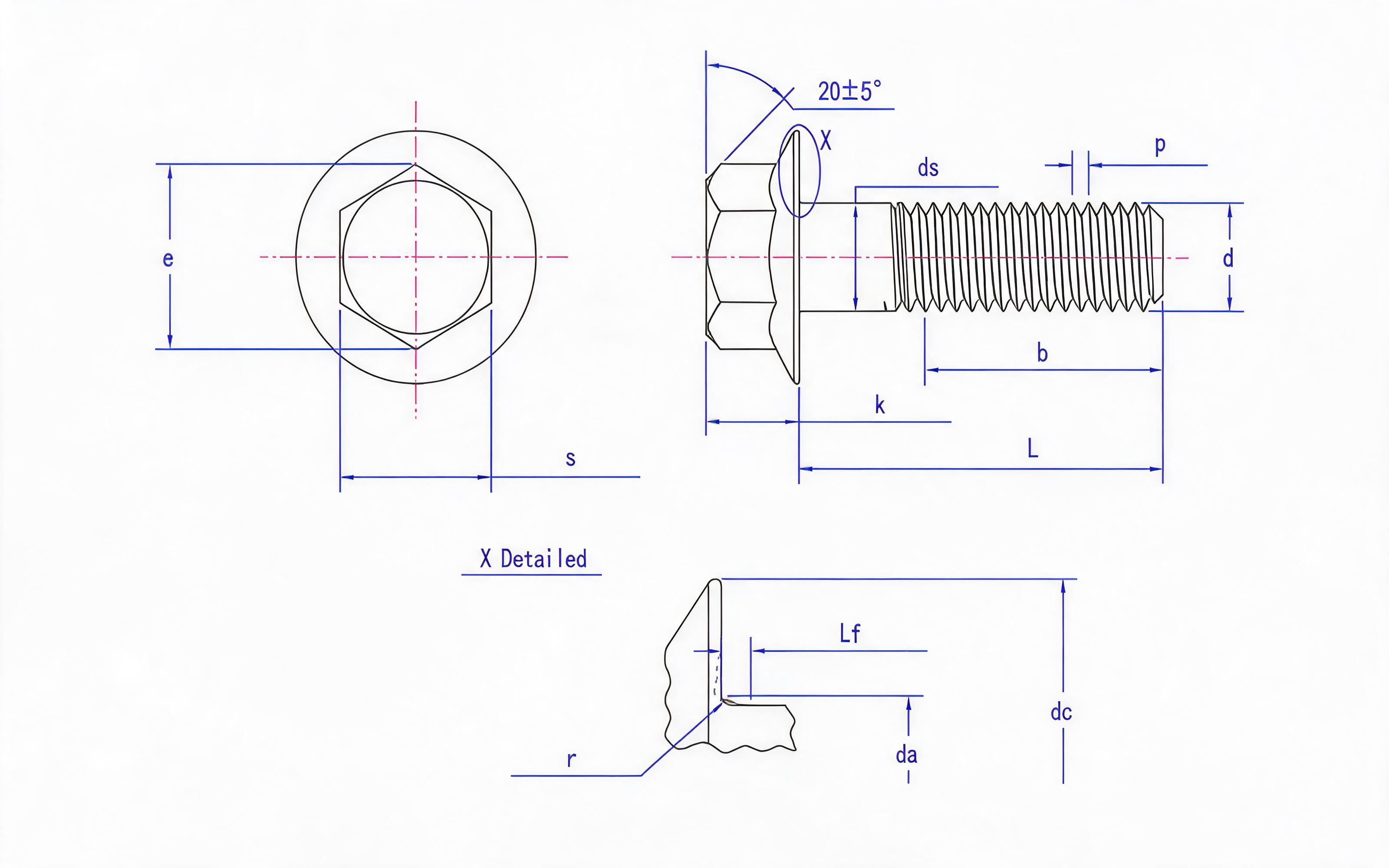 Hexagon flange coarse shank bolt Small series fine thread (type F) Standard Drawing