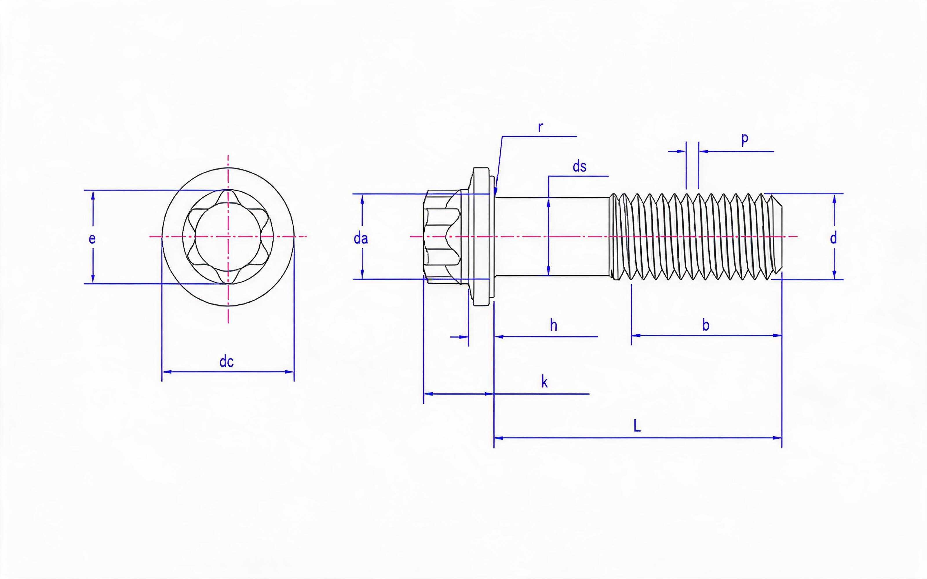 Small flange bolt of torx head fine rod (L ≤ 10d) Standard Drawing
