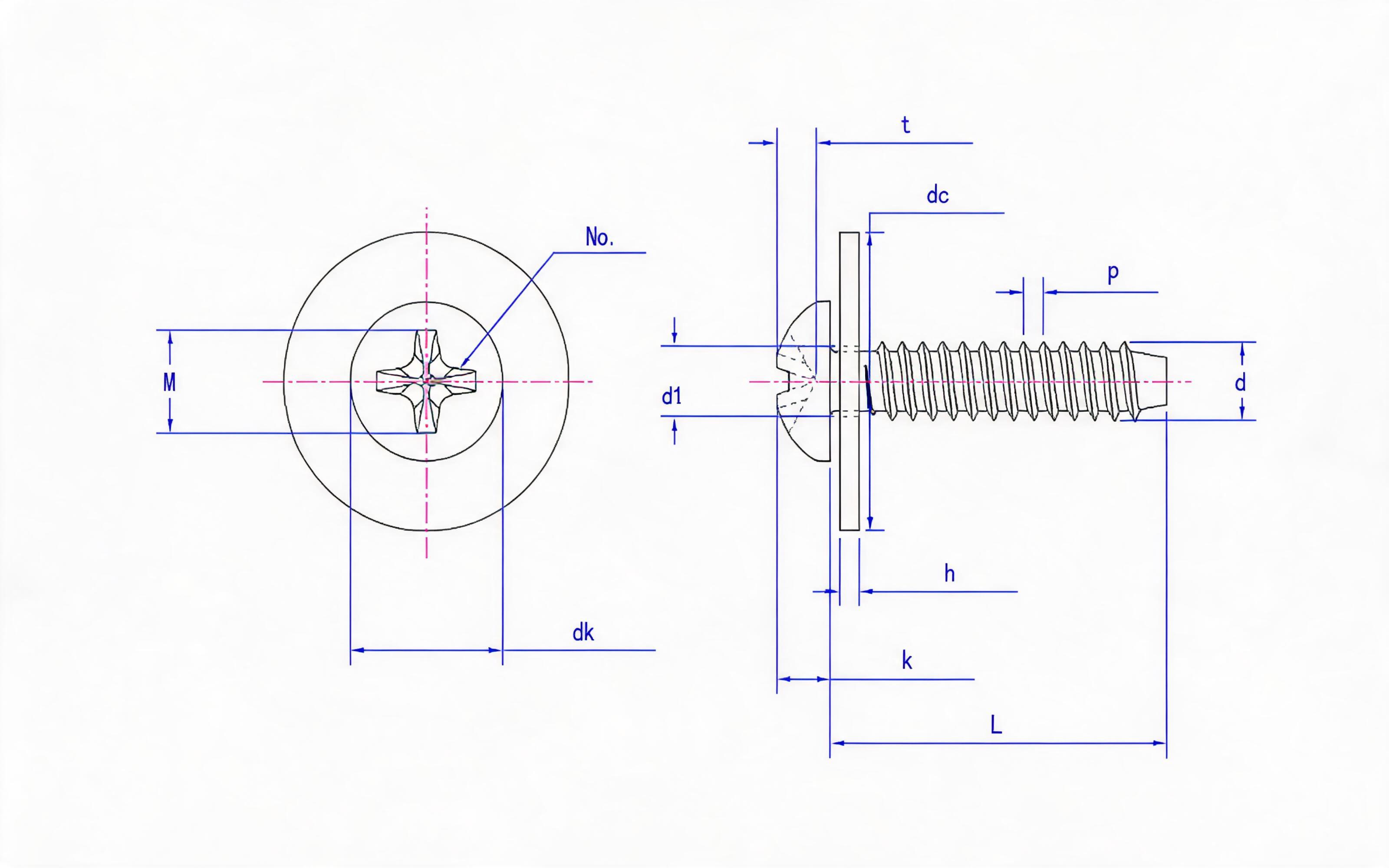 Combination of cross recessed panhead self-tapping screw and large flat washer Type F Standard Drawing