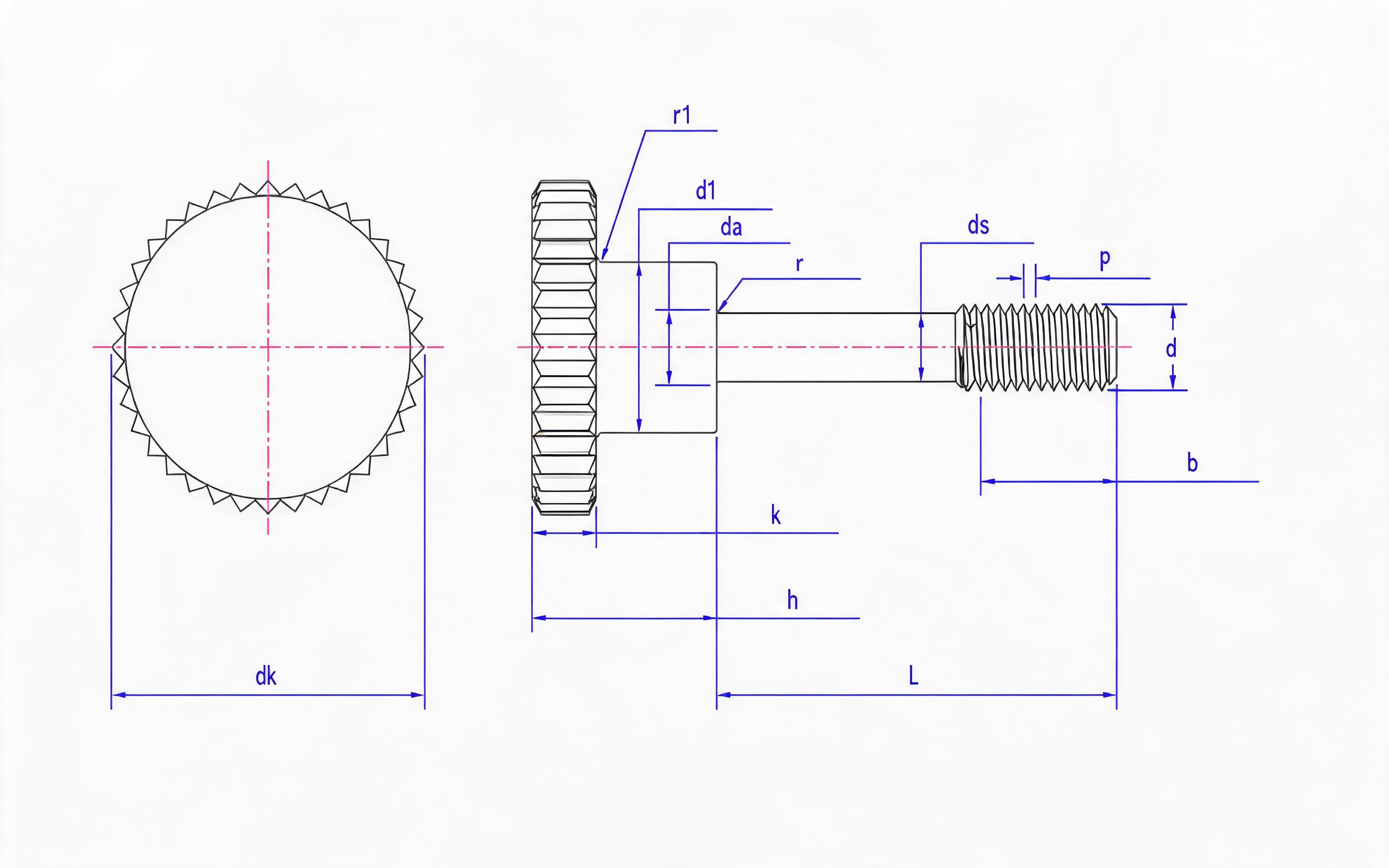 Knurled head step retaining screw L-shaped long thread (flat end) Standard Drawing