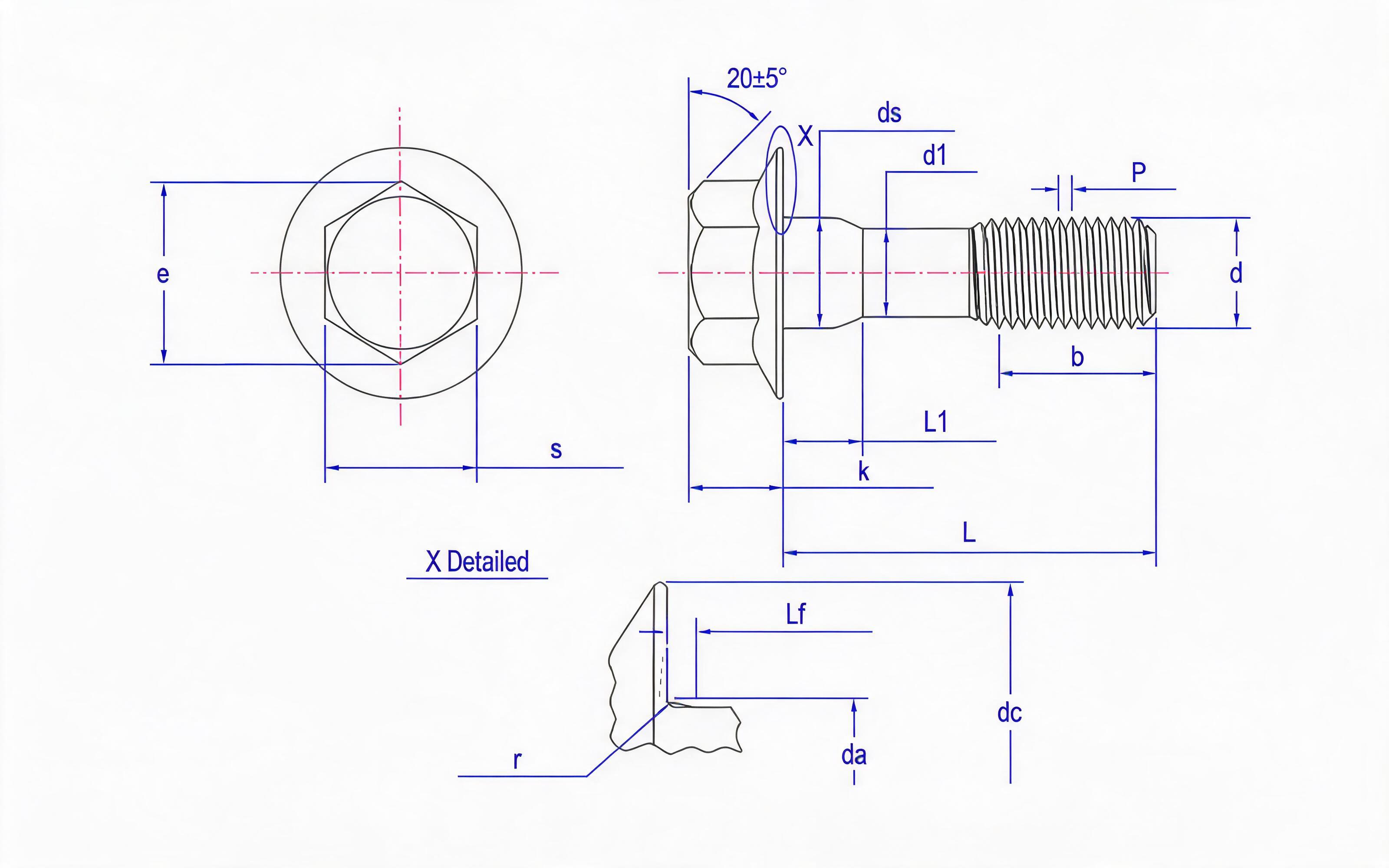 Hexagon flange thin rod bolt (type F) Standard Drawing