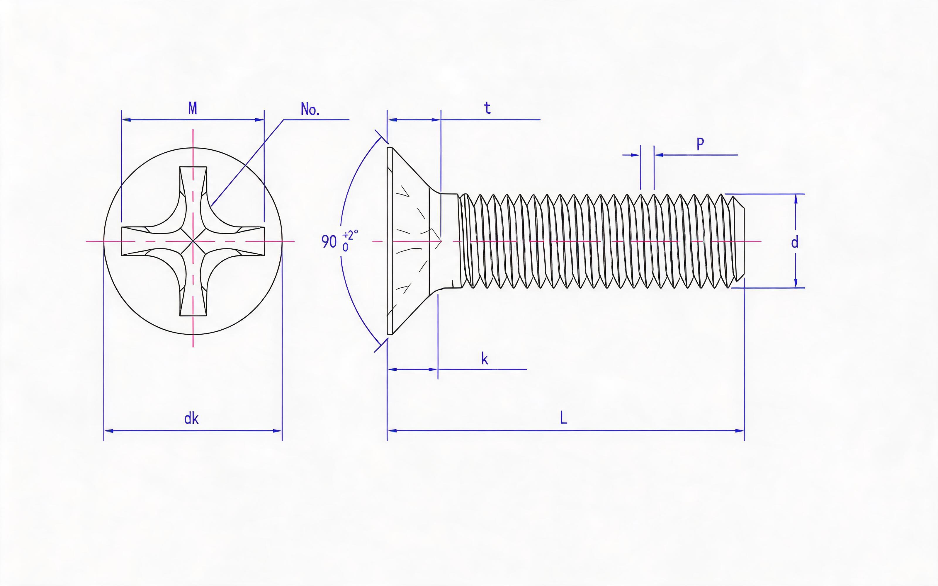 Cross recessed countersunk head screw (H-groove) Standard Drawing