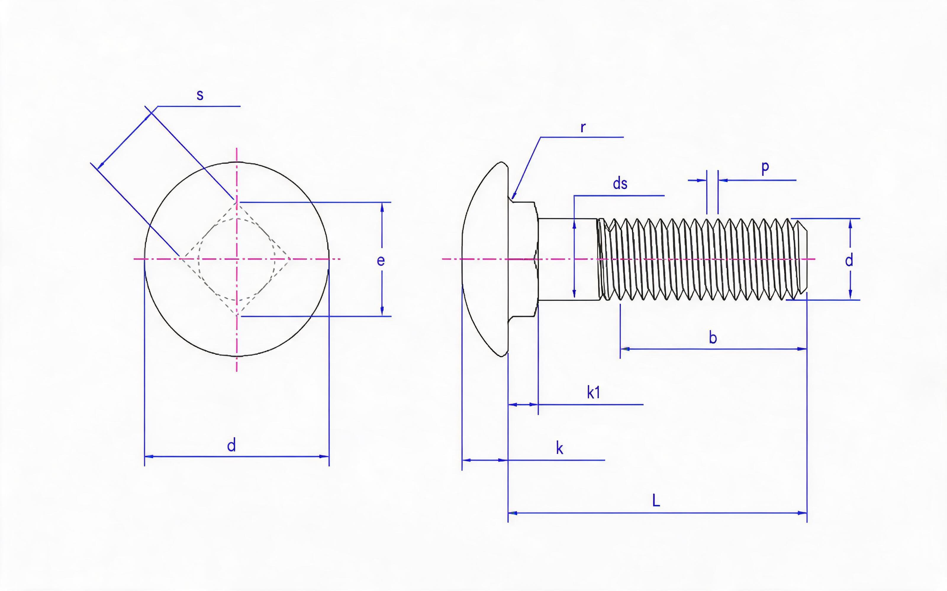 Small round head low square neck bolt Standard Drawing