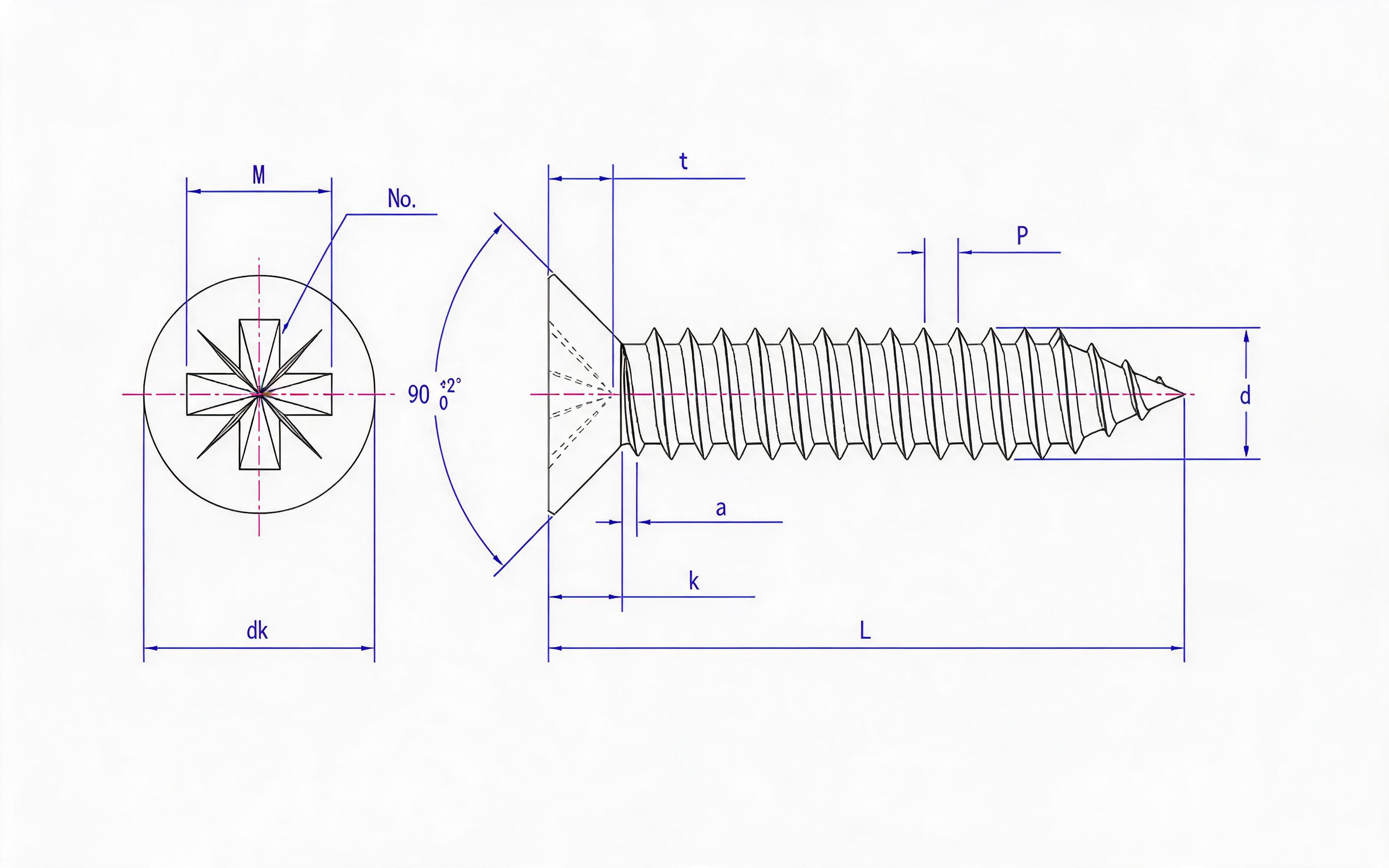 Type C countersunk head self-tapping screw with herringbone groove Standard Drawing