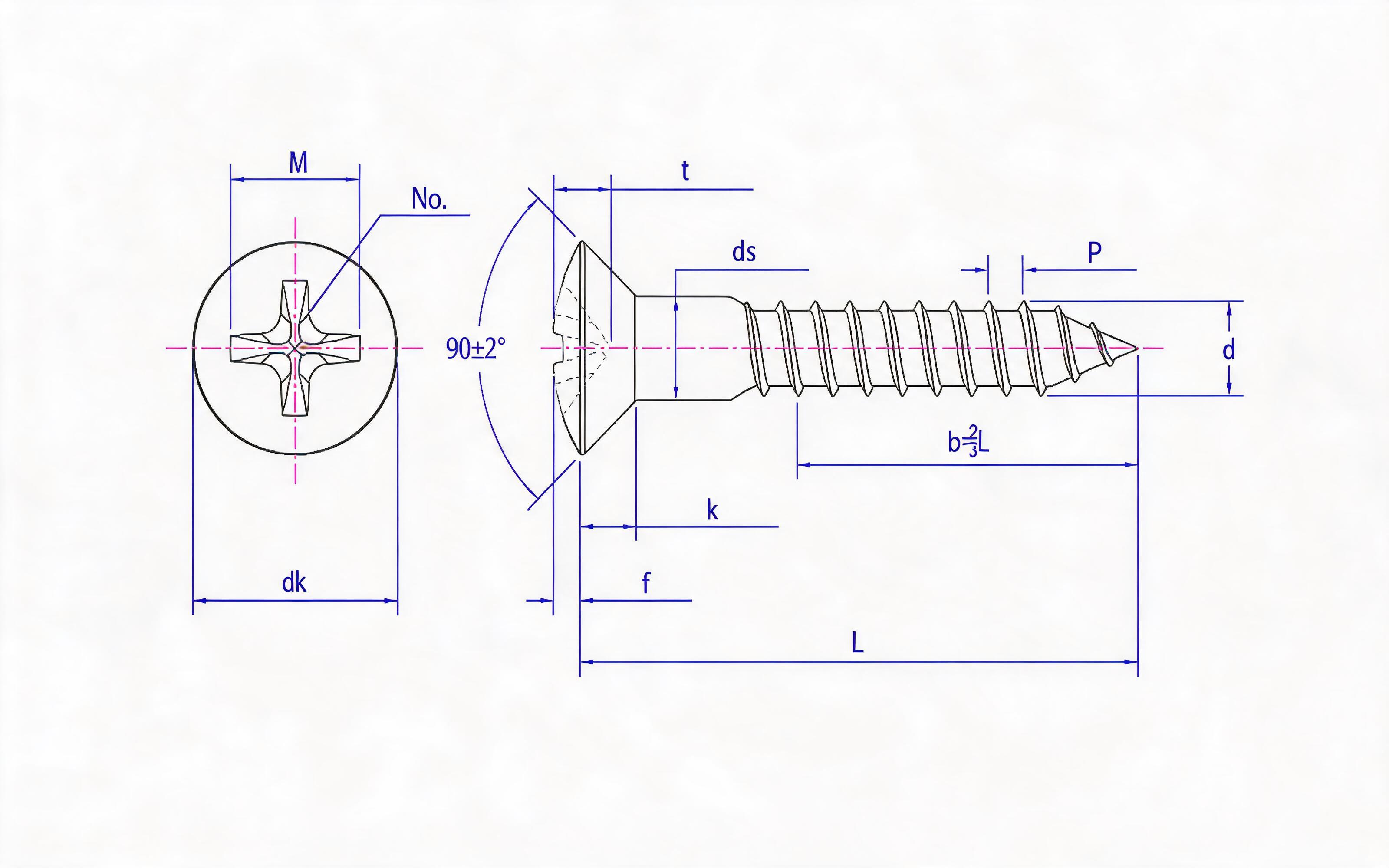 Cross recessed countersunk head wood screw Standard Drawing