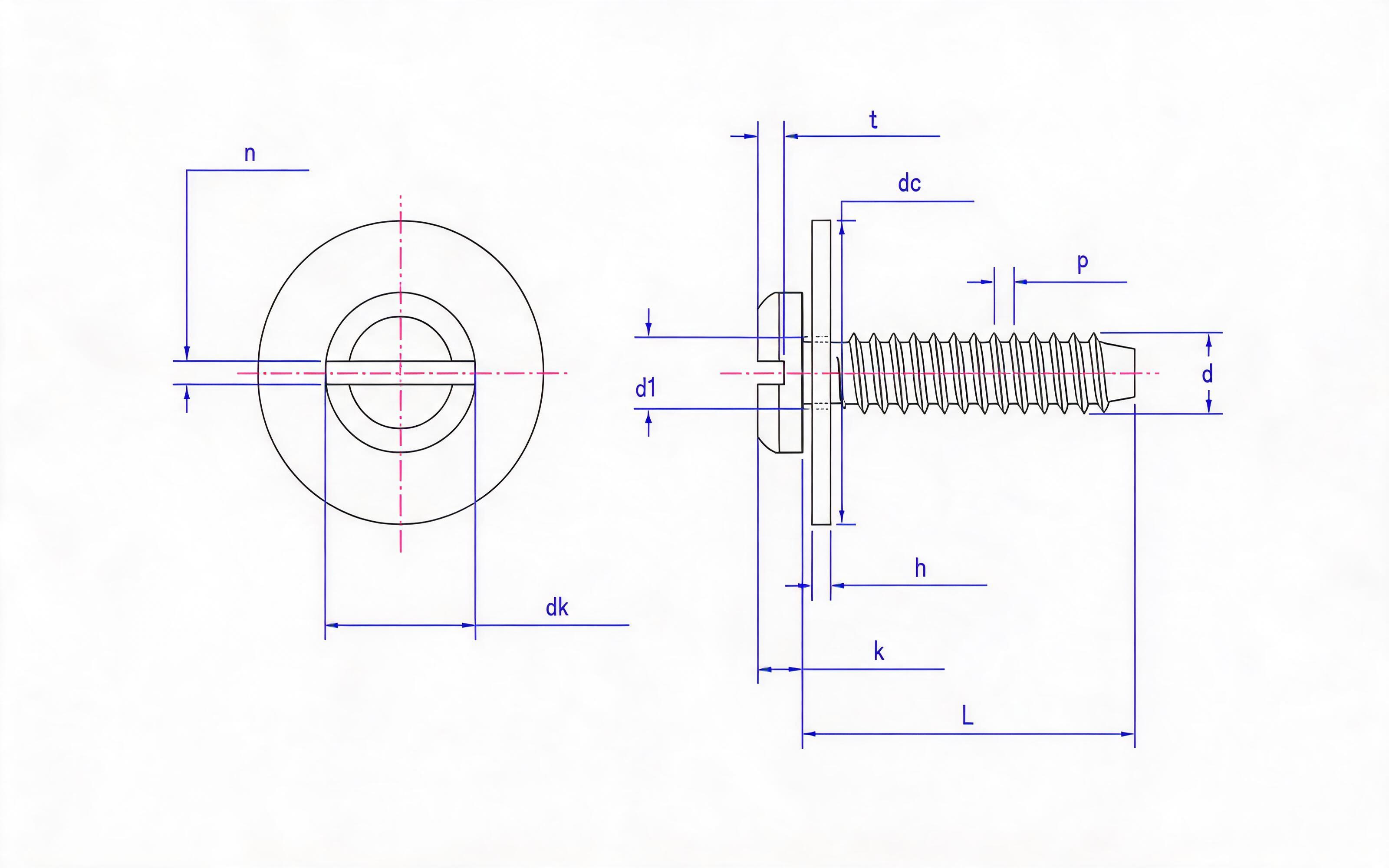Slotted panhead self-tapping screw and large flat washer combination type F Standard Drawing