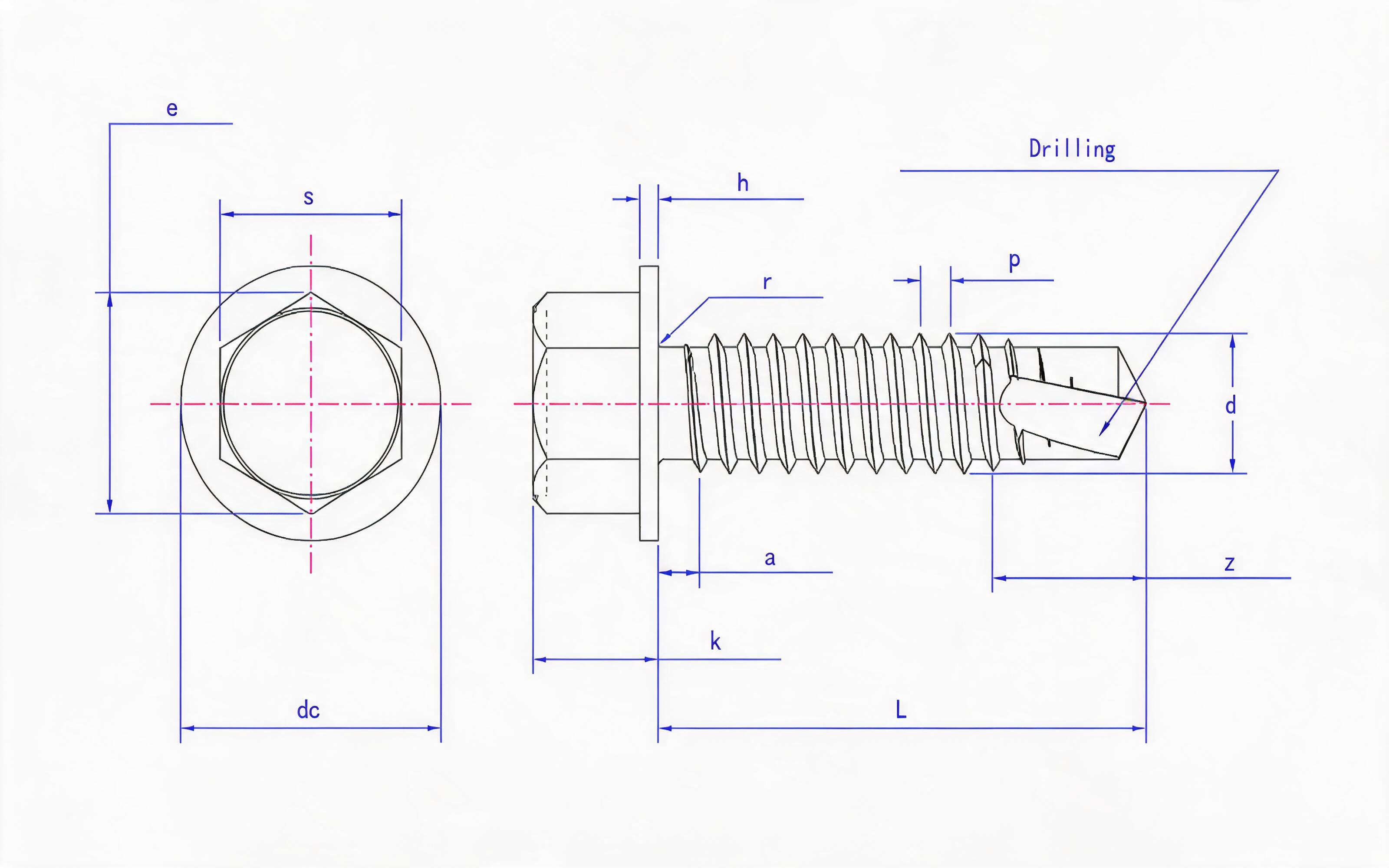 Hexagon self-tapping and self-drilling screw with medium Standard Drawing