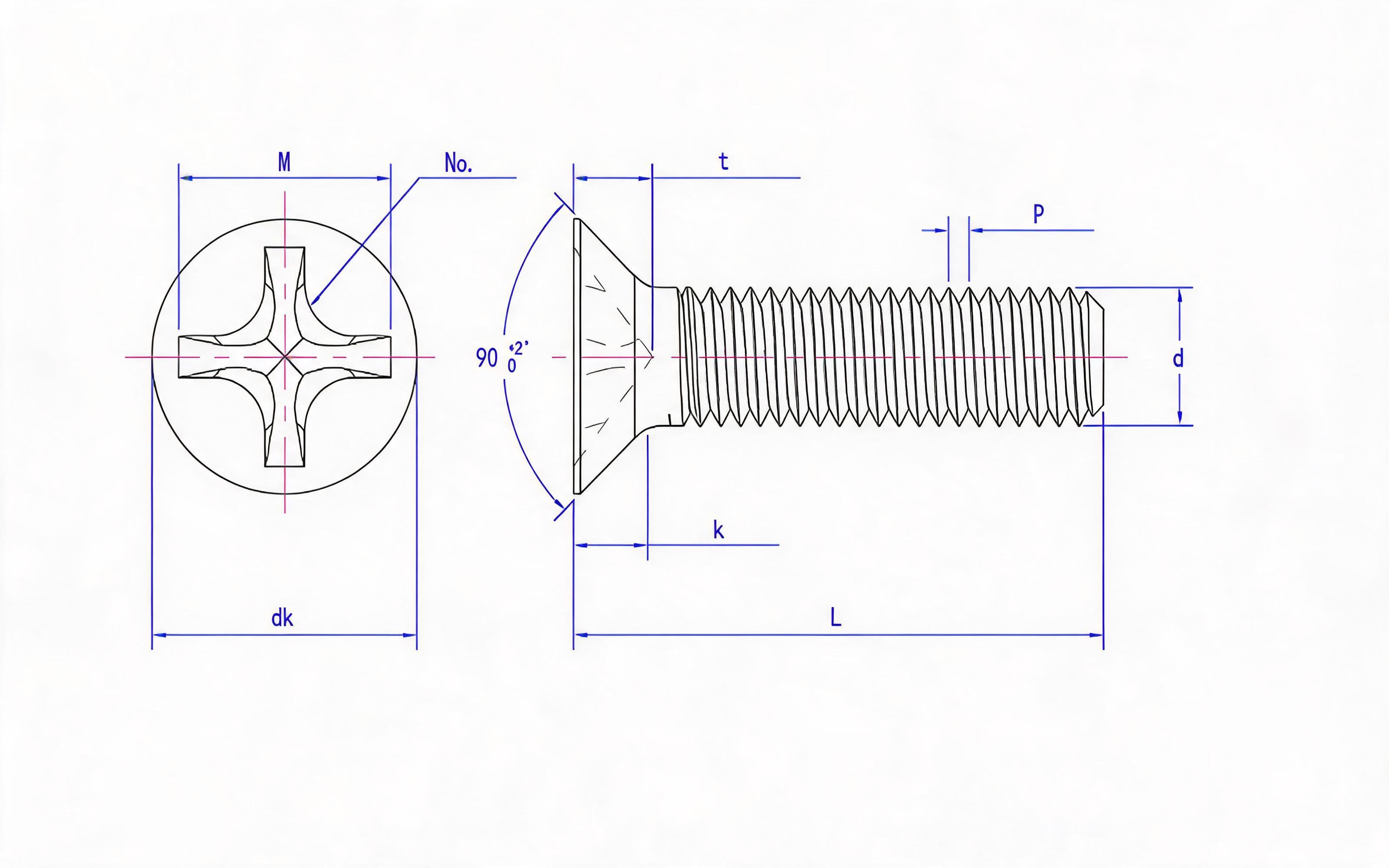 Grade 4.8 Cross recessed countersunk head screw (H-groove) Standard Drawing