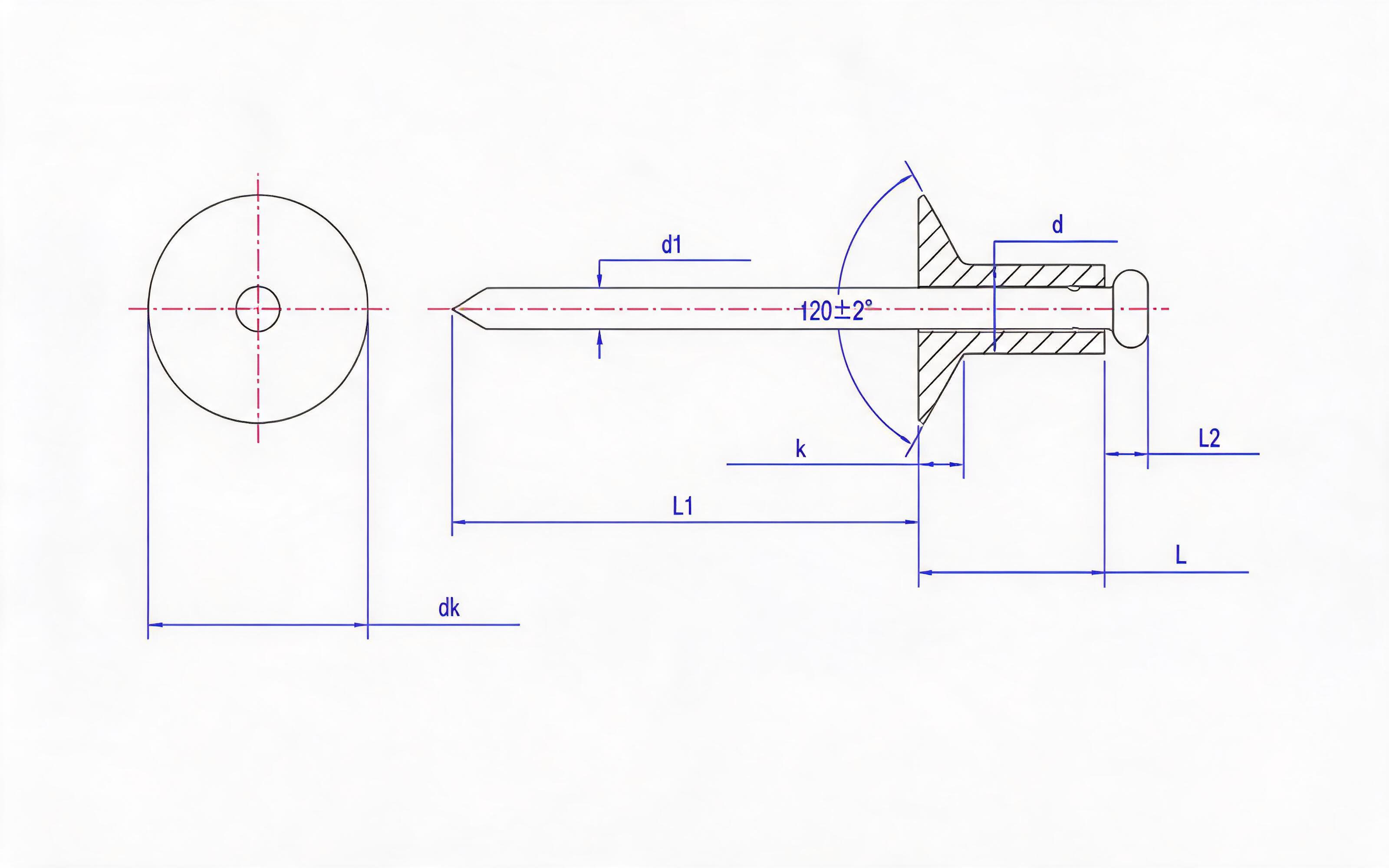 Open end countersunk head pop rivet Standard Drawing