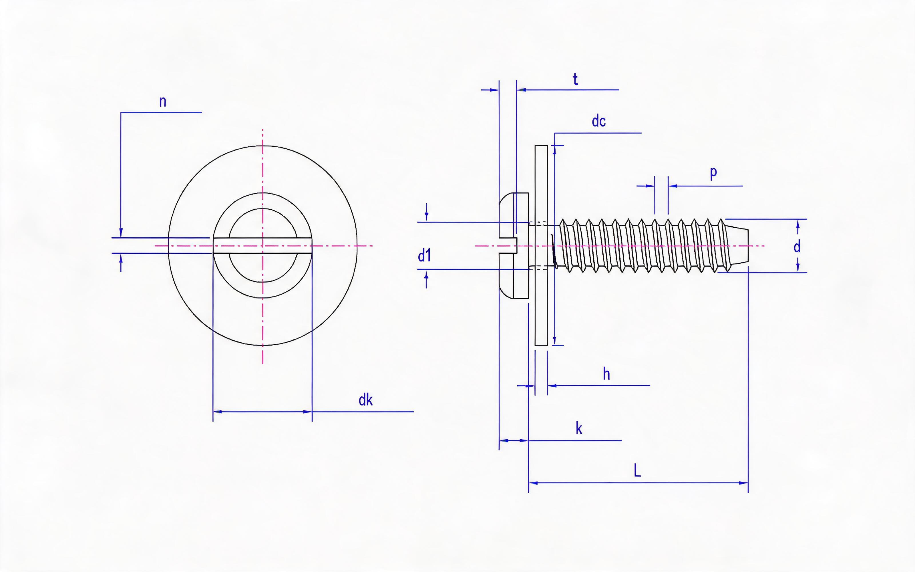 Slotted panhead self-tapping screw and large flat washer combination type F Standard Drawing