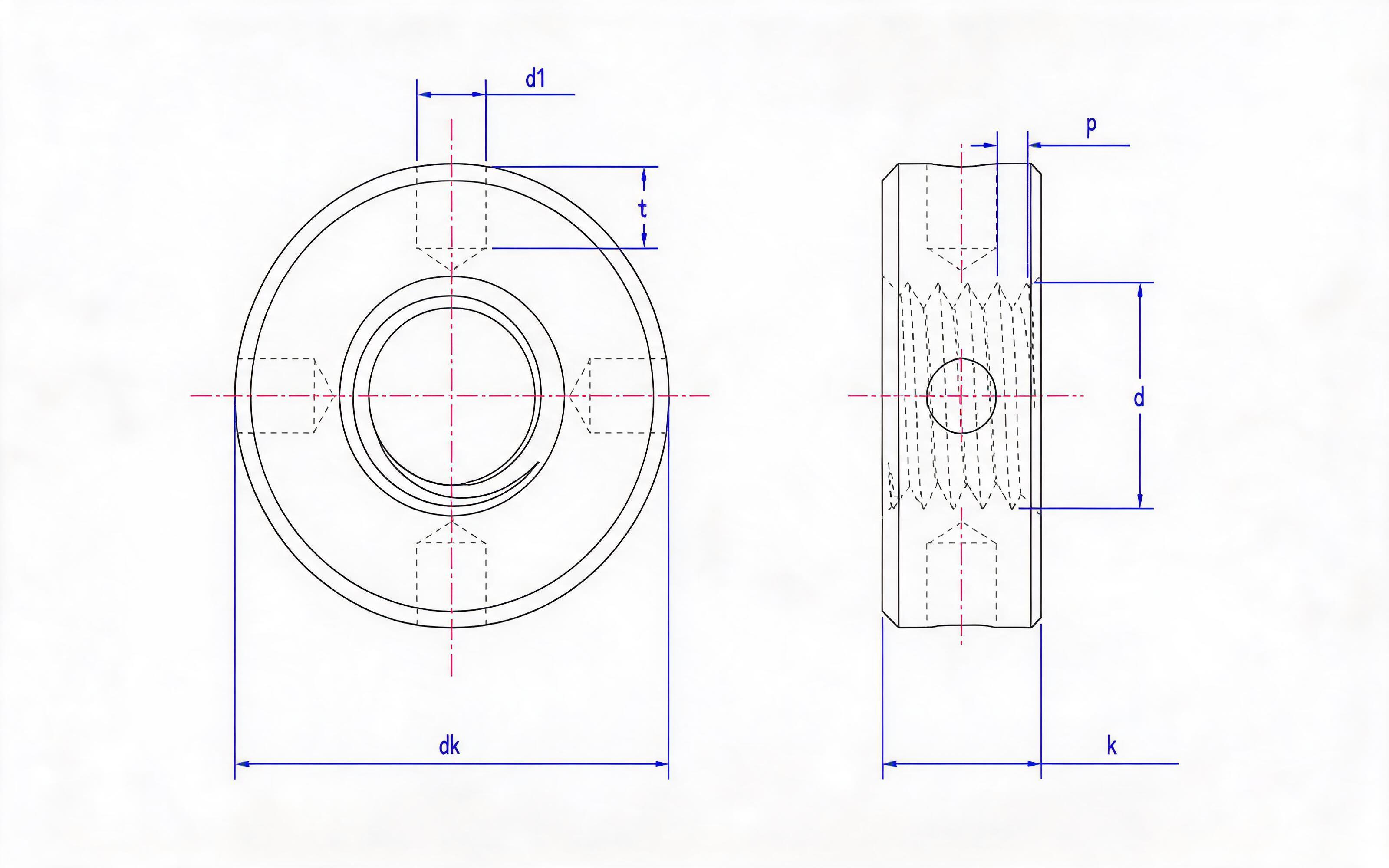 Side round nut with hole Standard Drawing