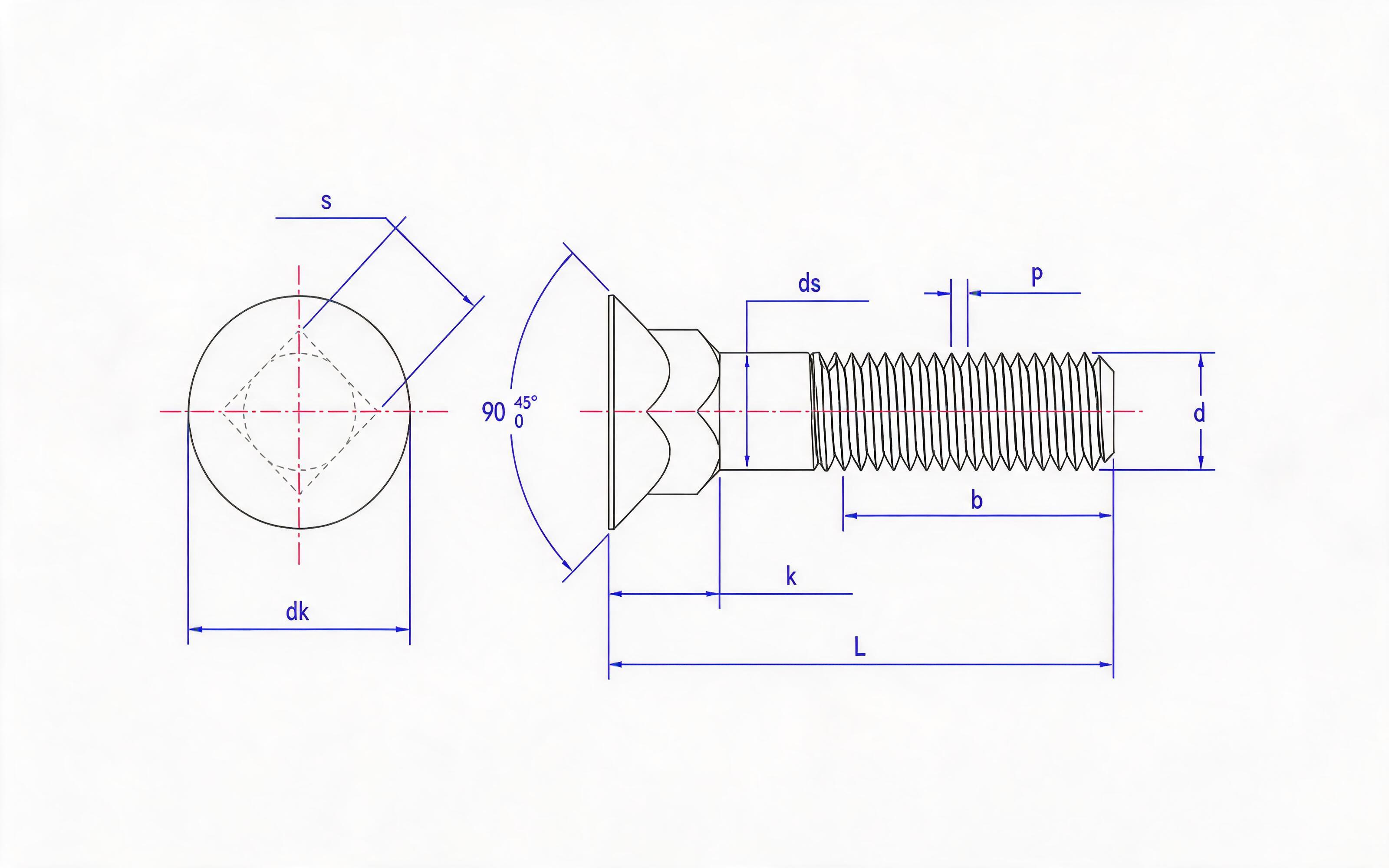 Countersunk square neck bolt Standard Drawing