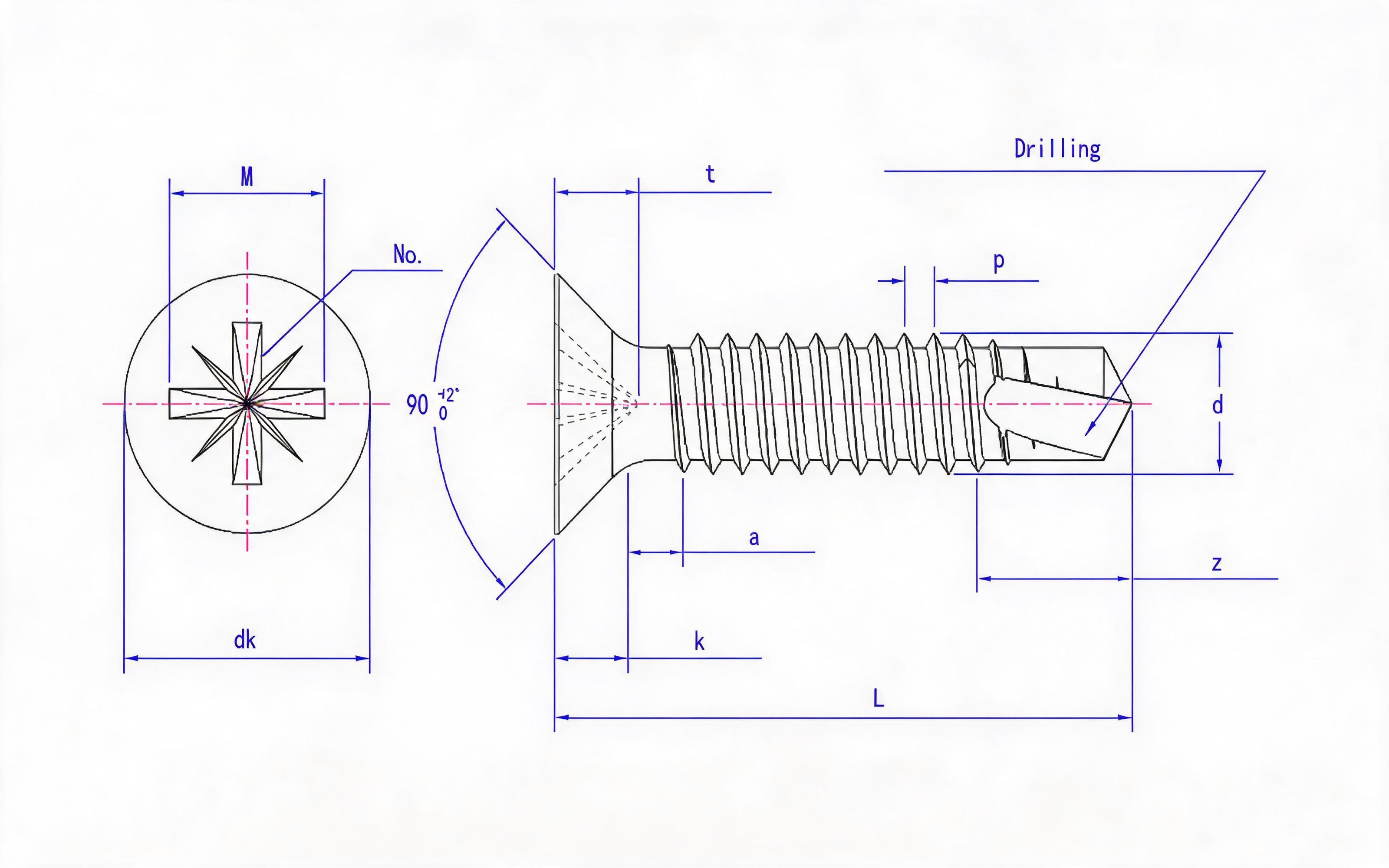 Mitre recessed countersunk head self-tapping screw (Z type) Standard Drawing