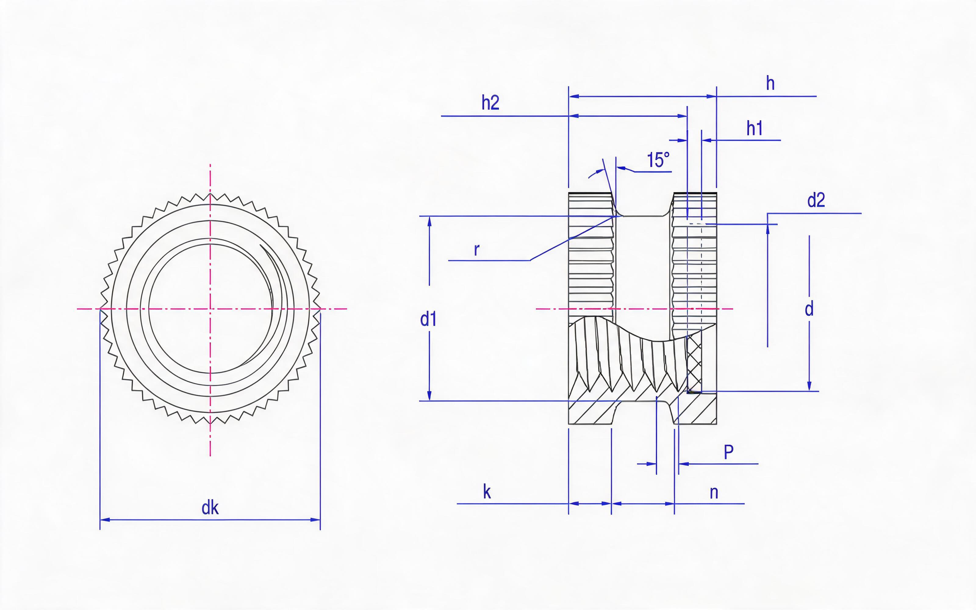 Knurled through-hole with intermediate slot Insert nut with gasket (Type F) Standard Drawing