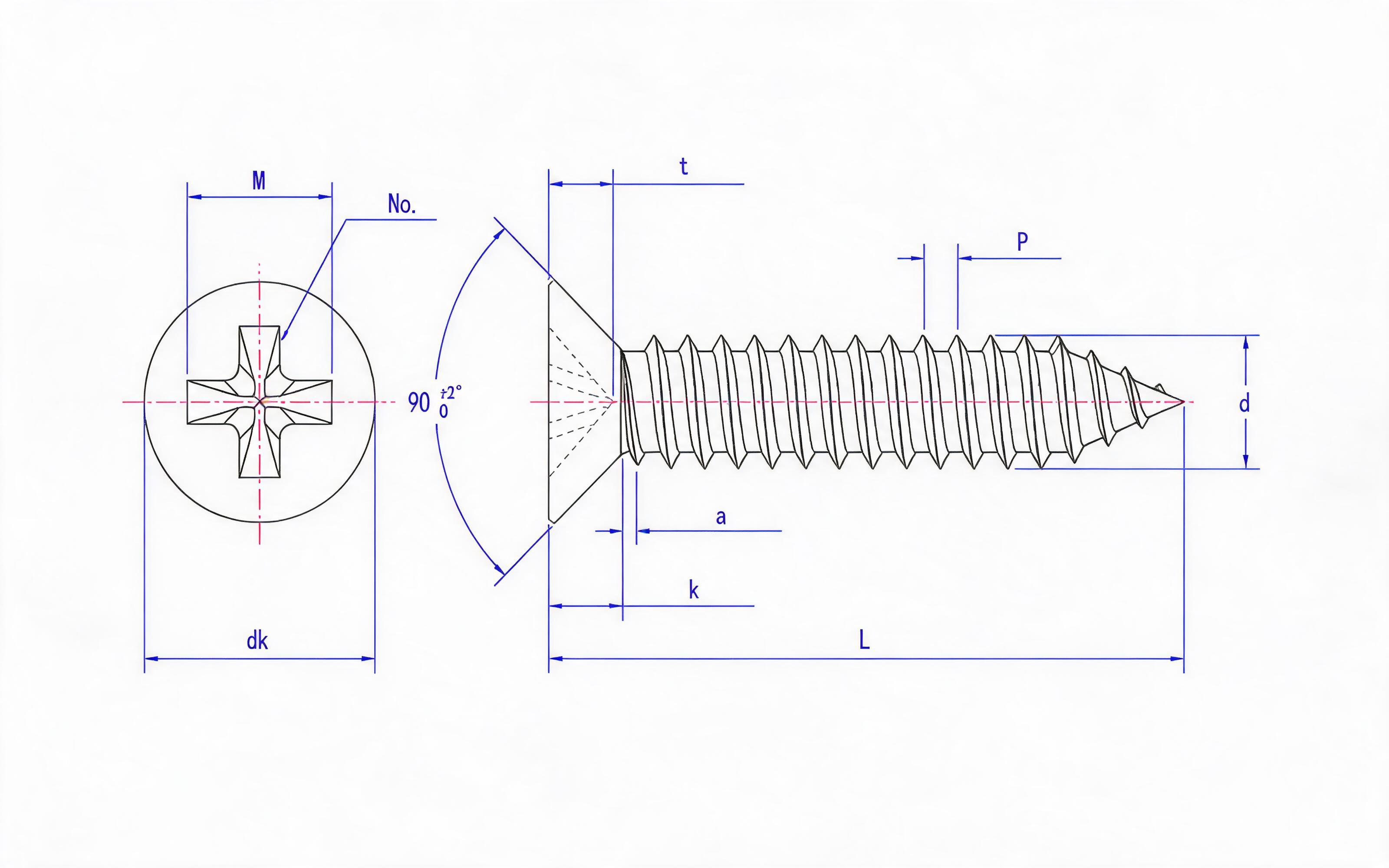 Cross recessed countersunk head self-tapping screw Type C Standard Drawing