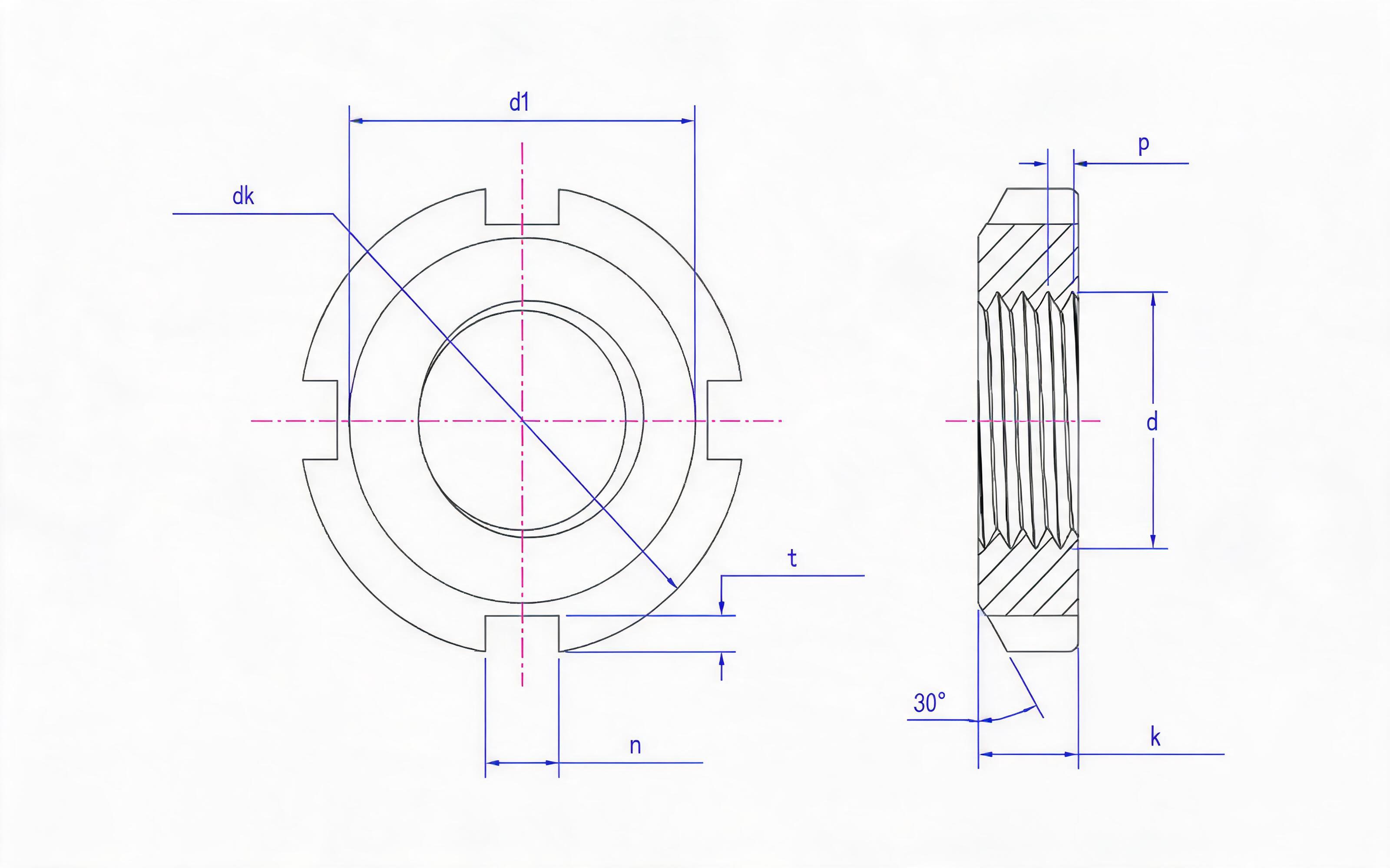 Table 2 4-groove lock nut for rolling bearing (d ≤ 200mm) Standard Drawing