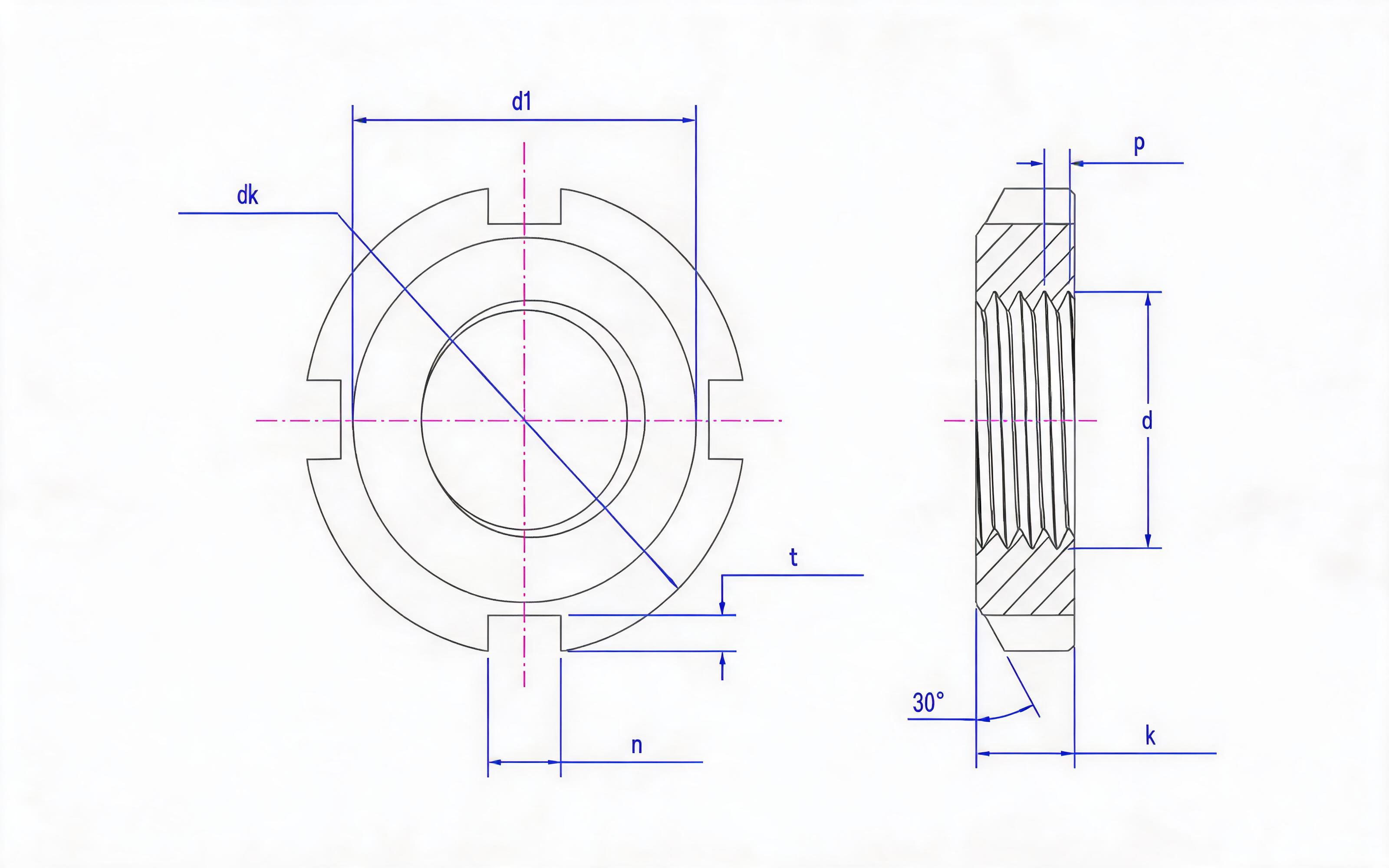 Table 2 4-groove lock nut for rolling bearing (d ≥ 210mm) Standard Drawing